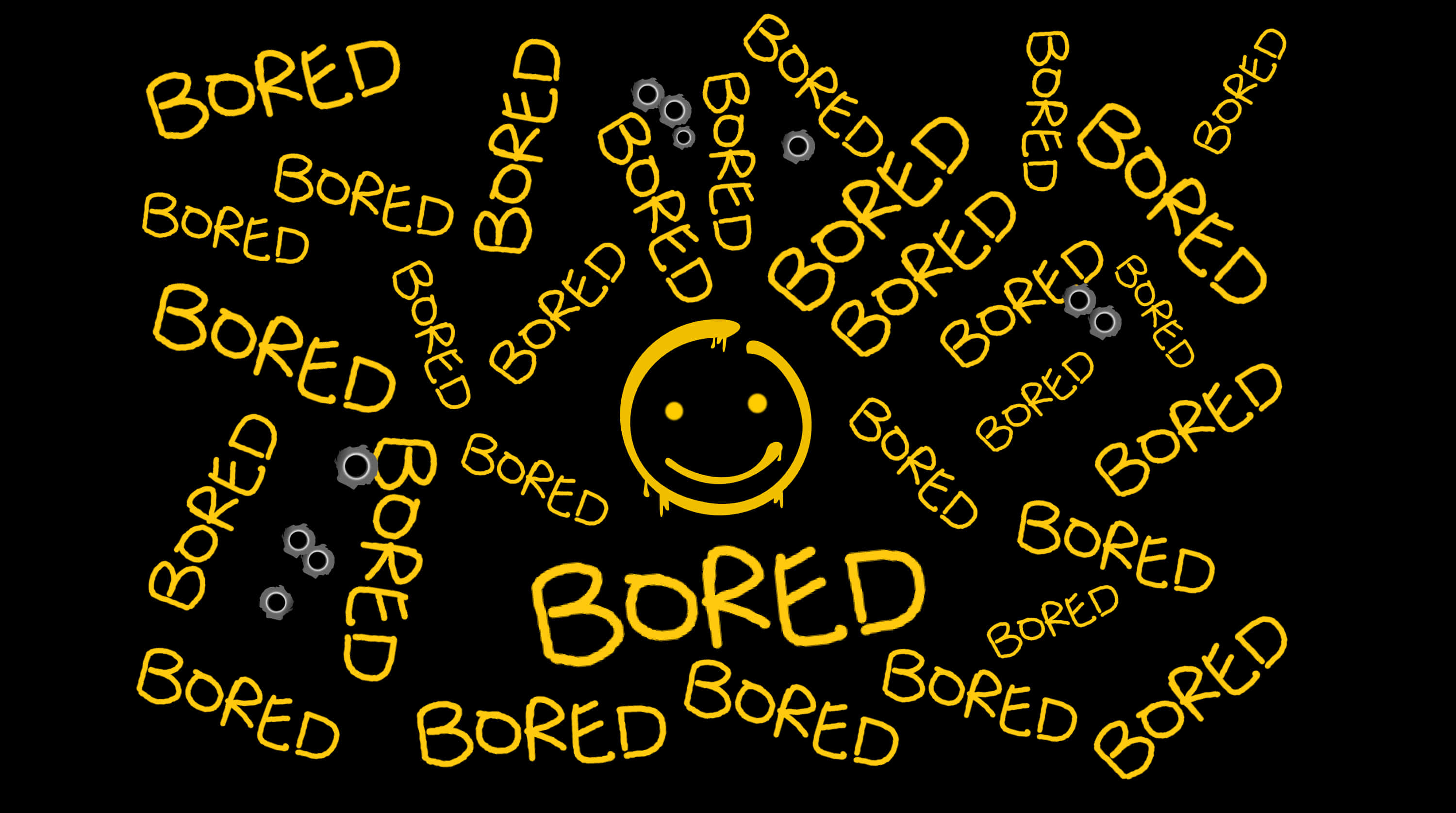 Bored Smiley, yellow smiley face, scattered 'BORED' text, 2K Desktop Wallpaper