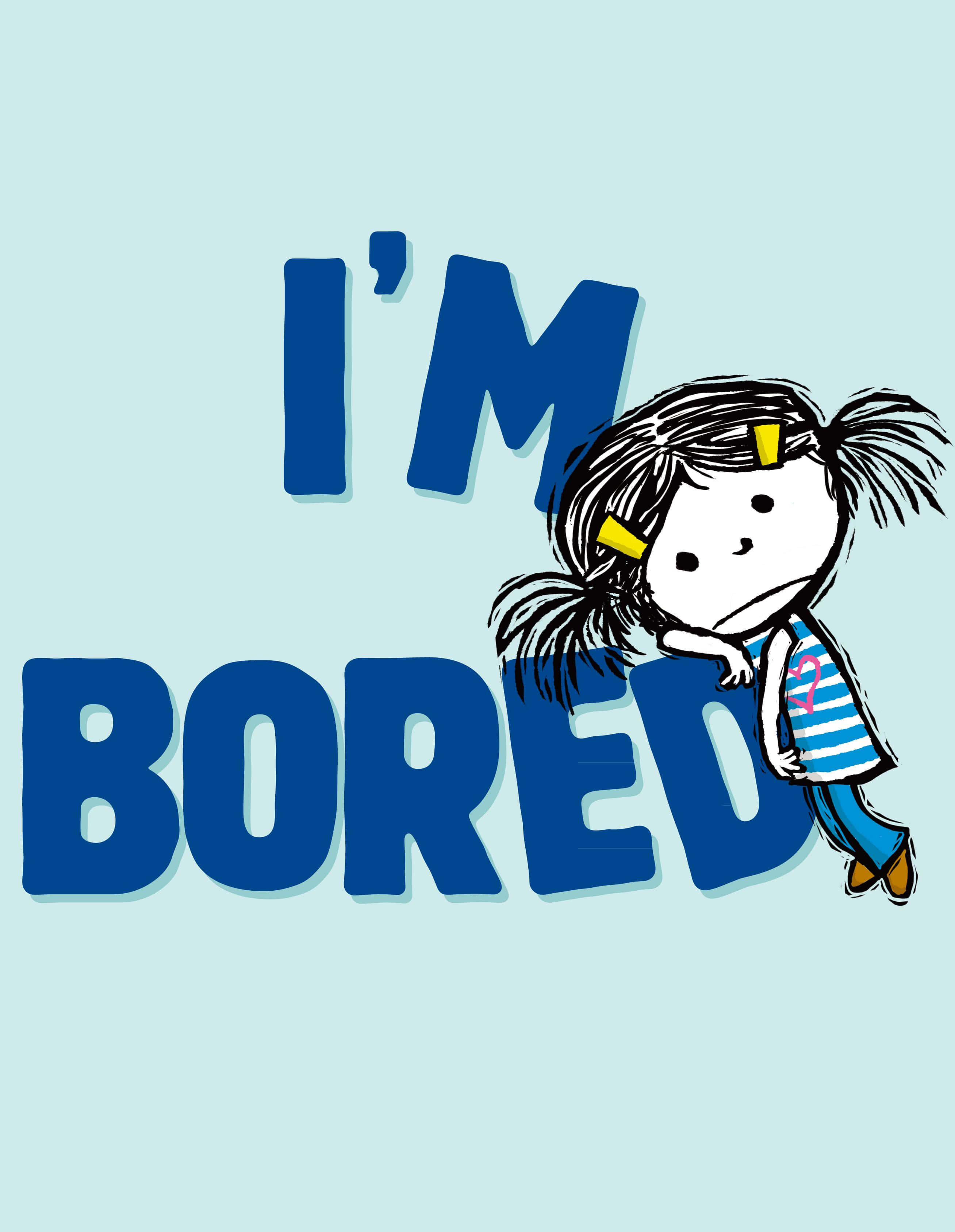 bored cartoon girl, pigtails, bold blue text, 2K Phone Wallpaper