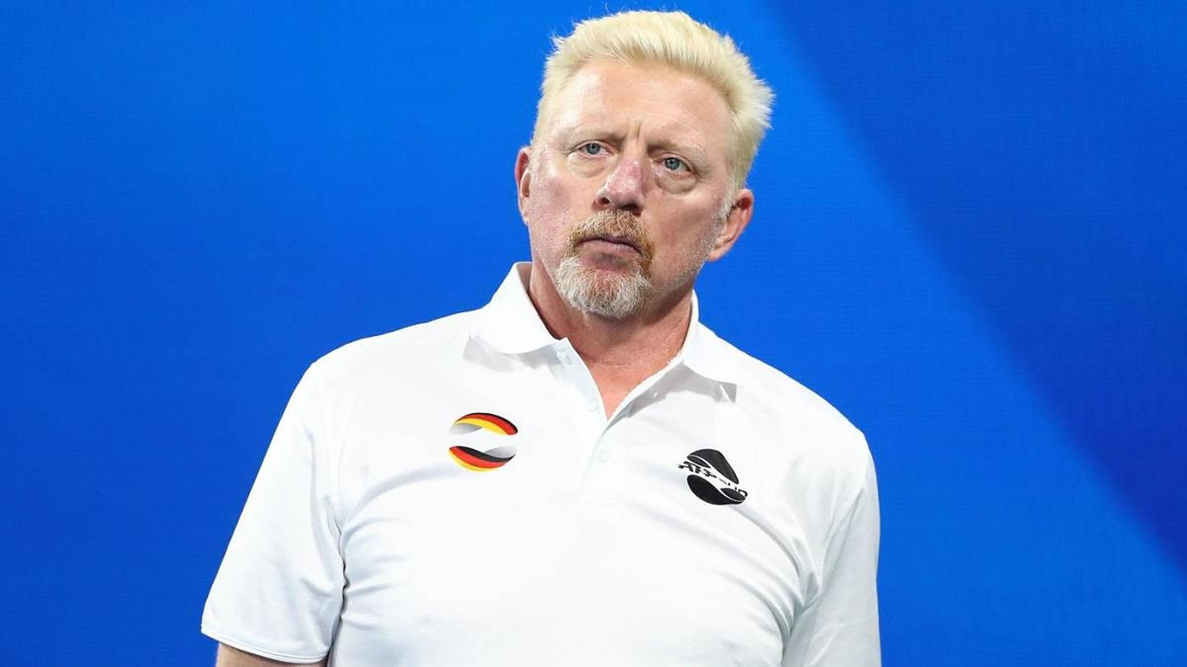 Boris Becker, blue background, white polo shirt, Full HD Desktop Wallpaper