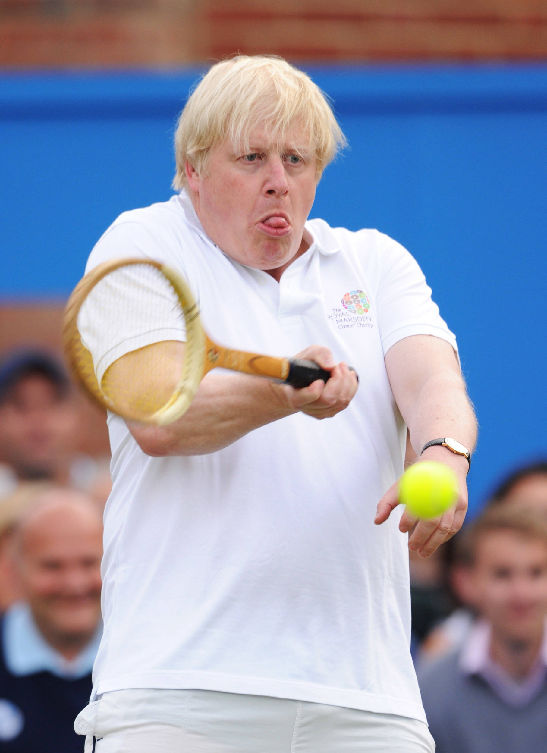 Boris Johnson, white polo shirt, wooden tennis racket, Full HD Phone Wallpaper