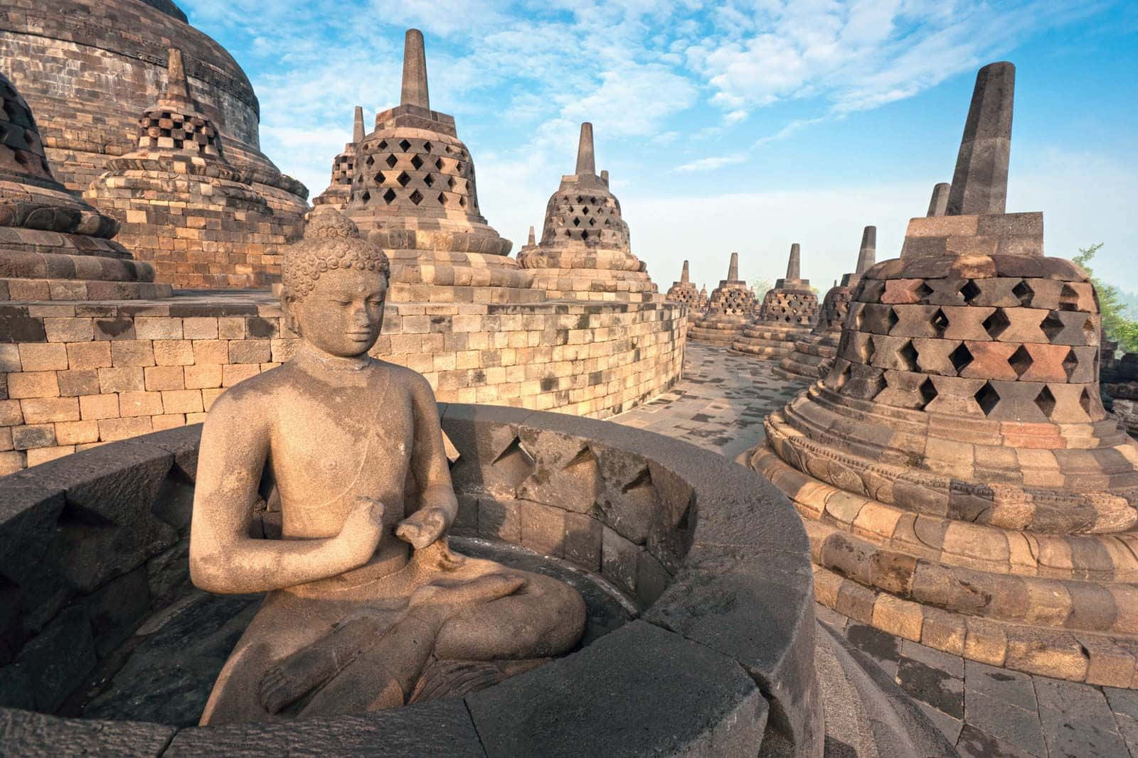 Borobudur Temple, stone Buddha statue, ancient stupas, HD Desktop Wallpaper