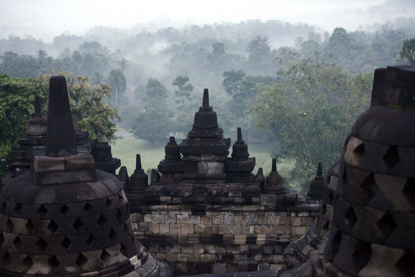 Borobudur Temple, stone stupas, misty jungle hills, HD Desktop Wallpaper
