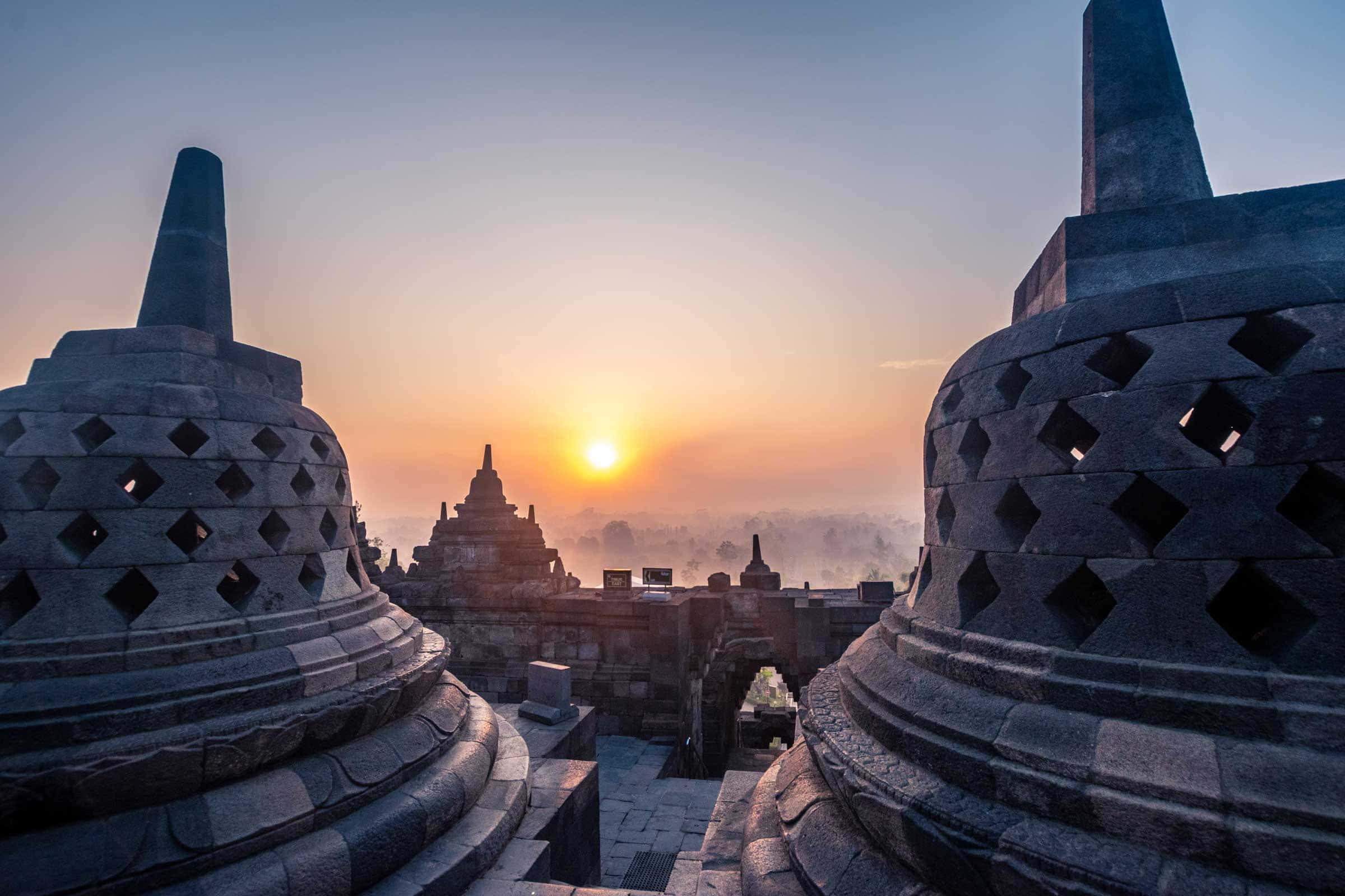 Borobudur Temple, sunrise, ancient stone stupas, Full HD Desktop Wallpaper