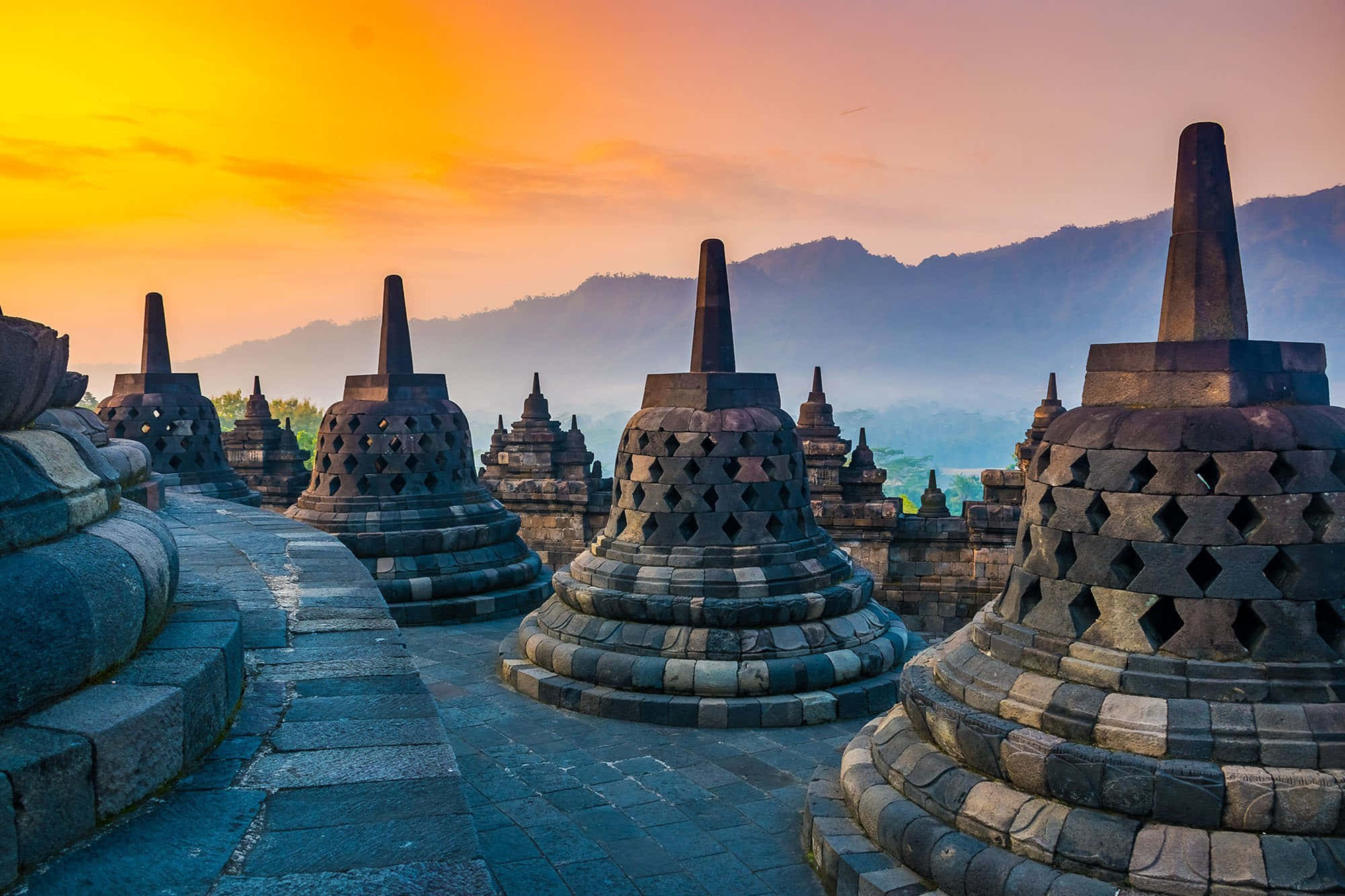 Borobudur Temple, orange sky, fiery orange and pink sunrise, Full HD Desktop Wallpaper