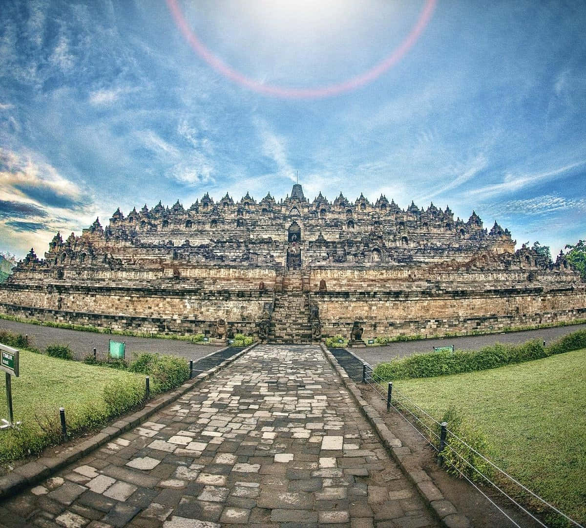 Borobudur Temple, pathway, green grasses, SD Desktop Wallpaper