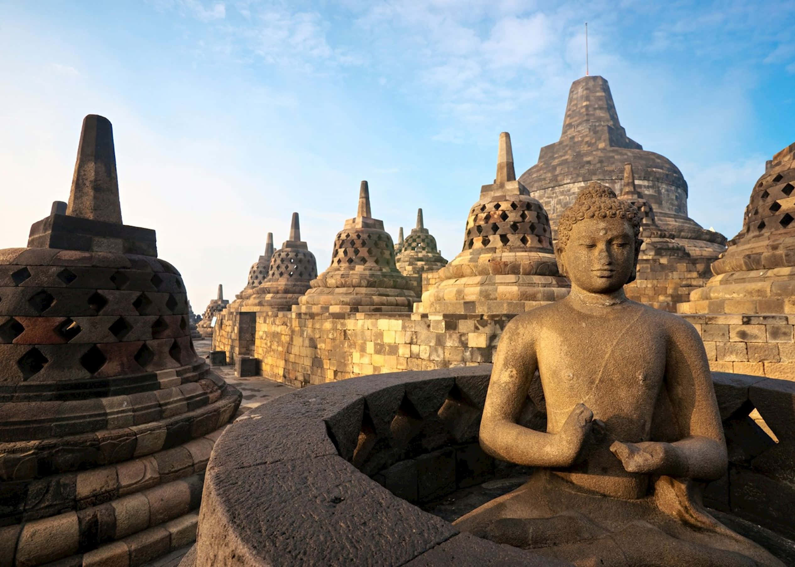 Borobudur Temple, stone Buddha statue, ancient stupas, Full HD Desktop Wallpaper