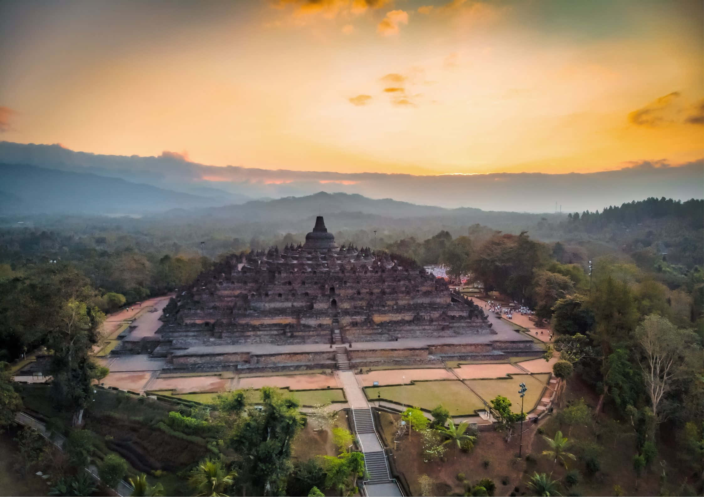 Borobudur Temple, mountains covered in mist, sunrise, Full HD Desktop Wallpaper