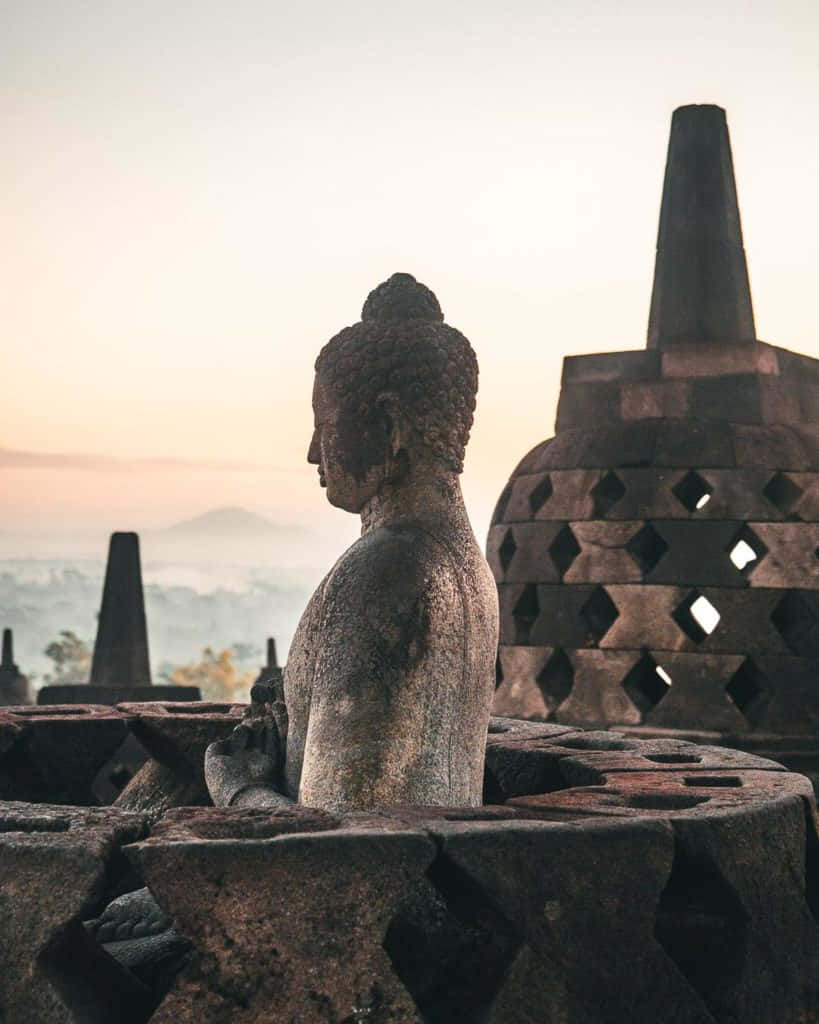 Borobudur Temple, sunrise, stone Buddha statue, SD Phone Wallpaper