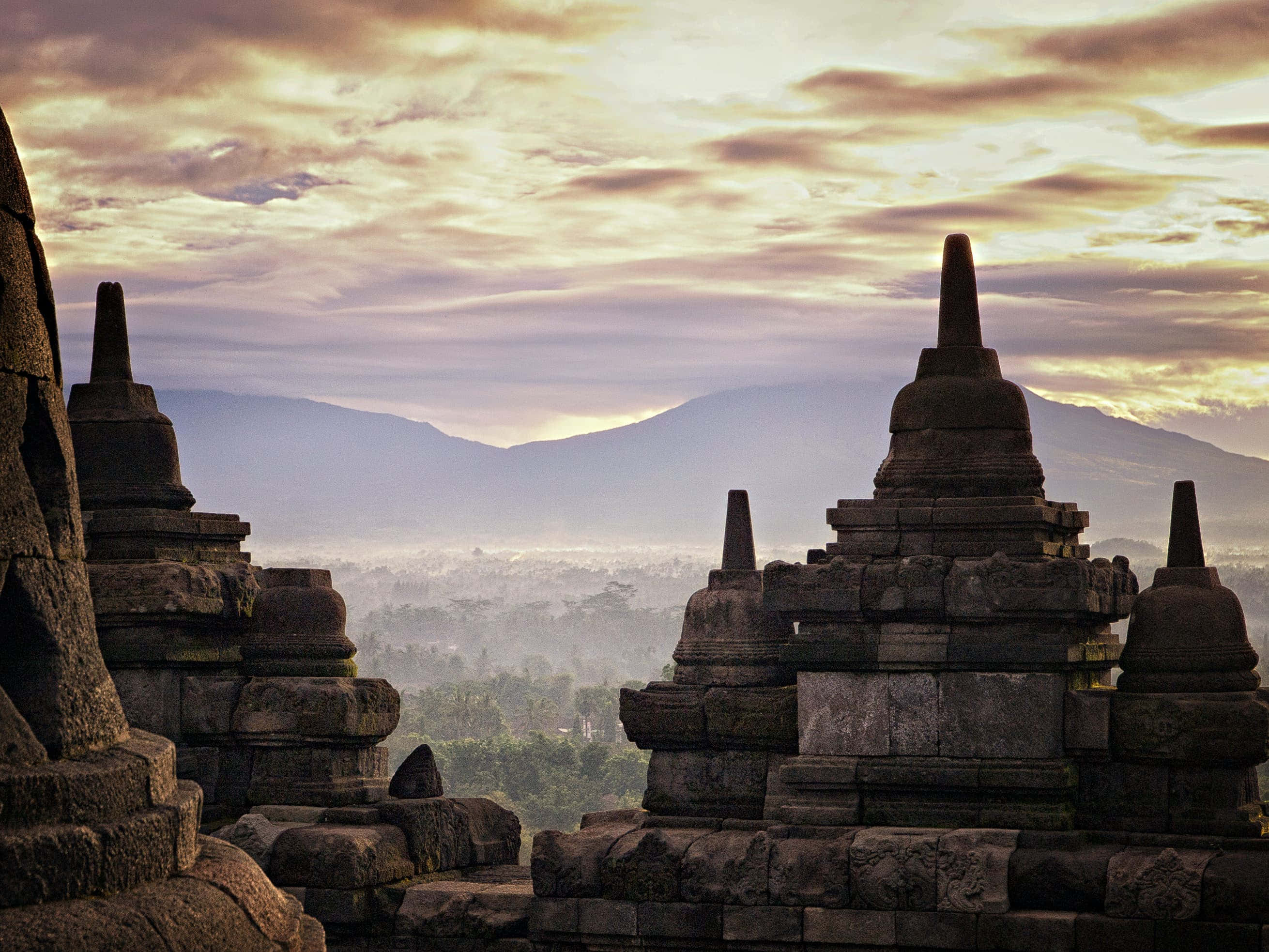 Borobudur Temple, bright yellow sky, golden sunrise sky, 2K Desktop Wallpaper