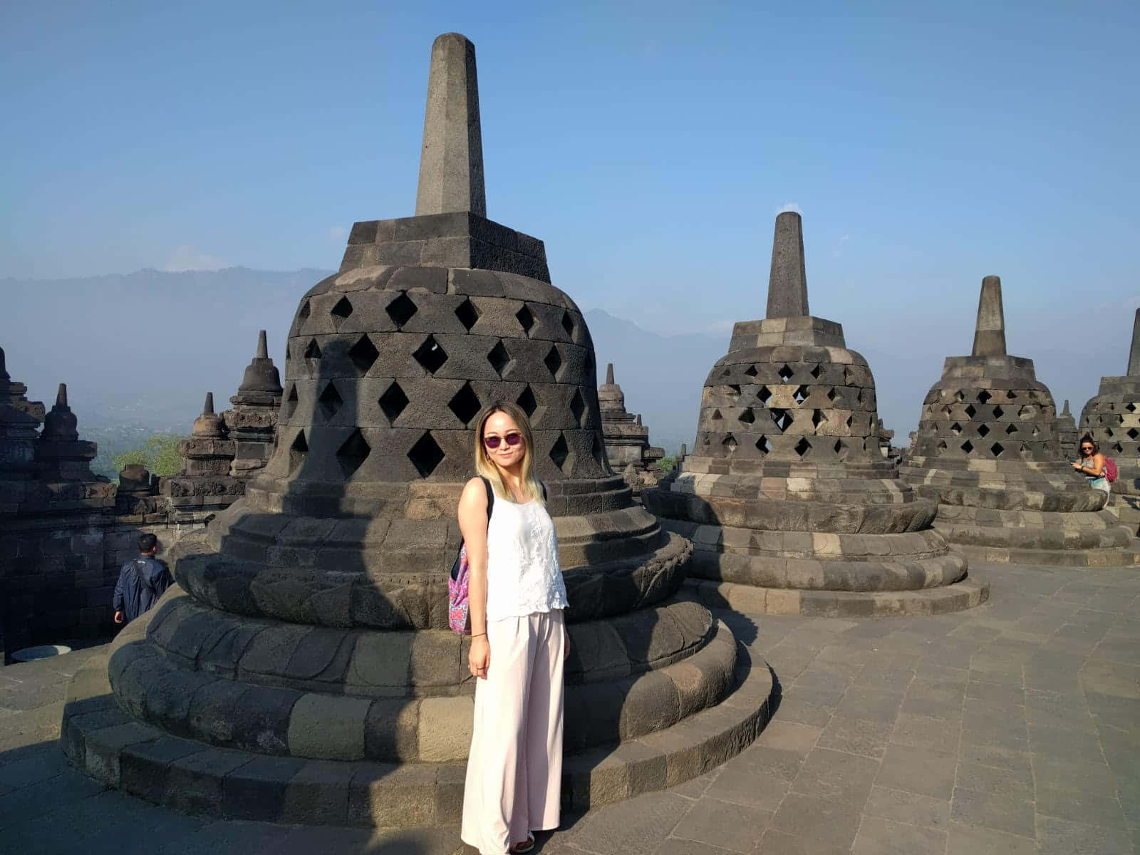 Borobudur, woman in white, ancient stone stupas, HD Desktop Wallpaper