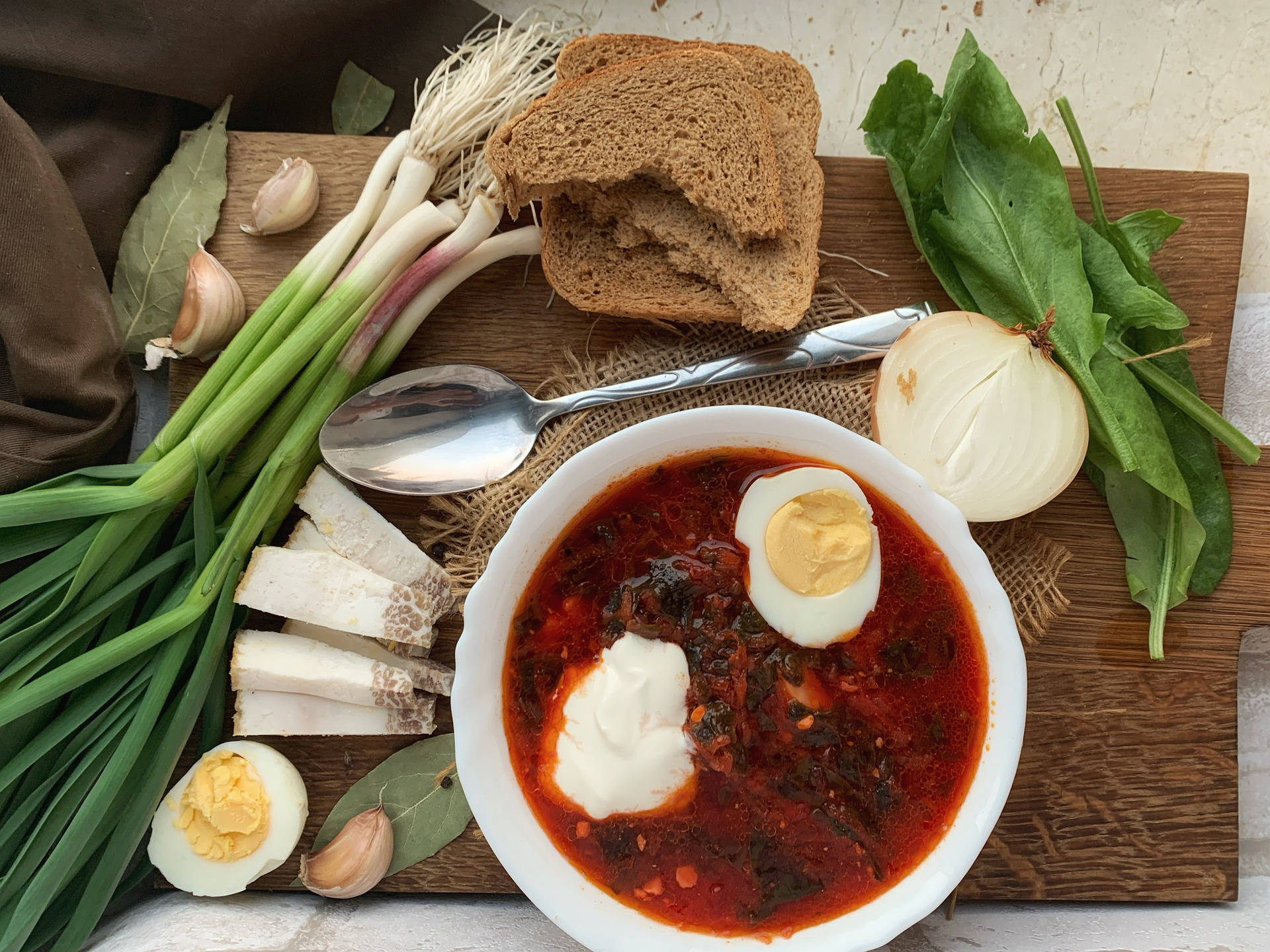 borscht, sour cream, hard-boiled egg, Full HD Desktop Wallpaper