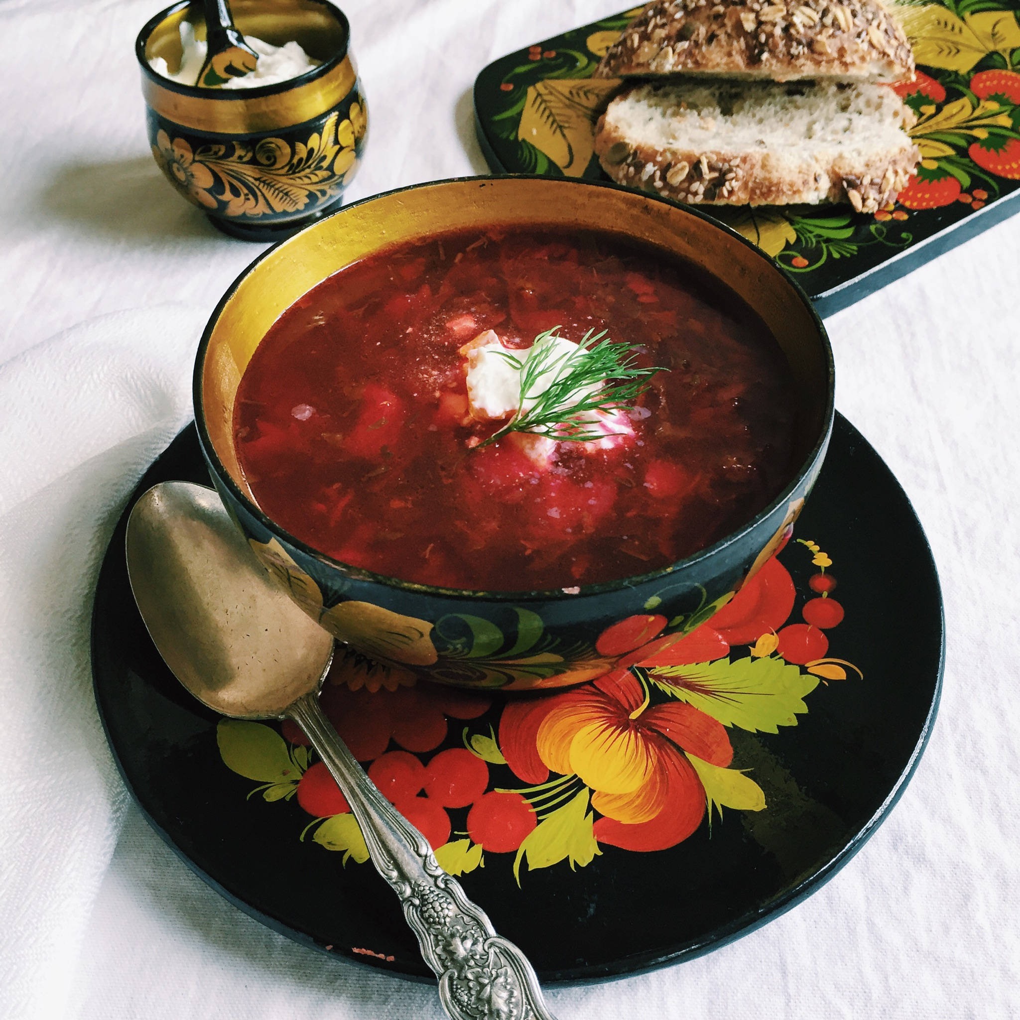borscht, wheat bread, floral bowl, Full HD Desktop Wallpaper