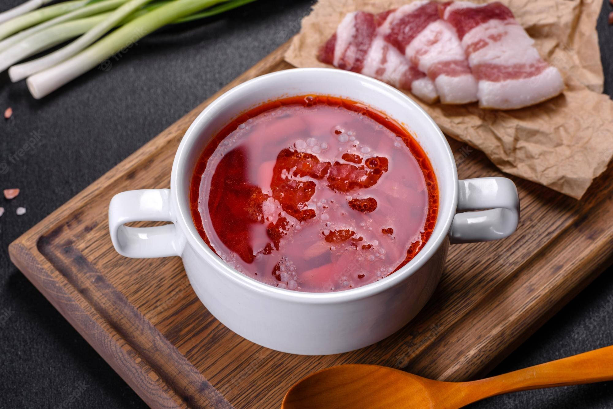 pork borscht, vibrant red borscht, wooden board, Full HD Desktop Wallpaper