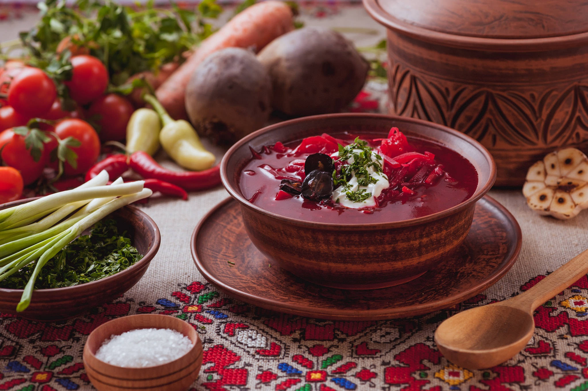 borscht soup, wooden bowl, sour cream, Full HD Desktop Wallpaper