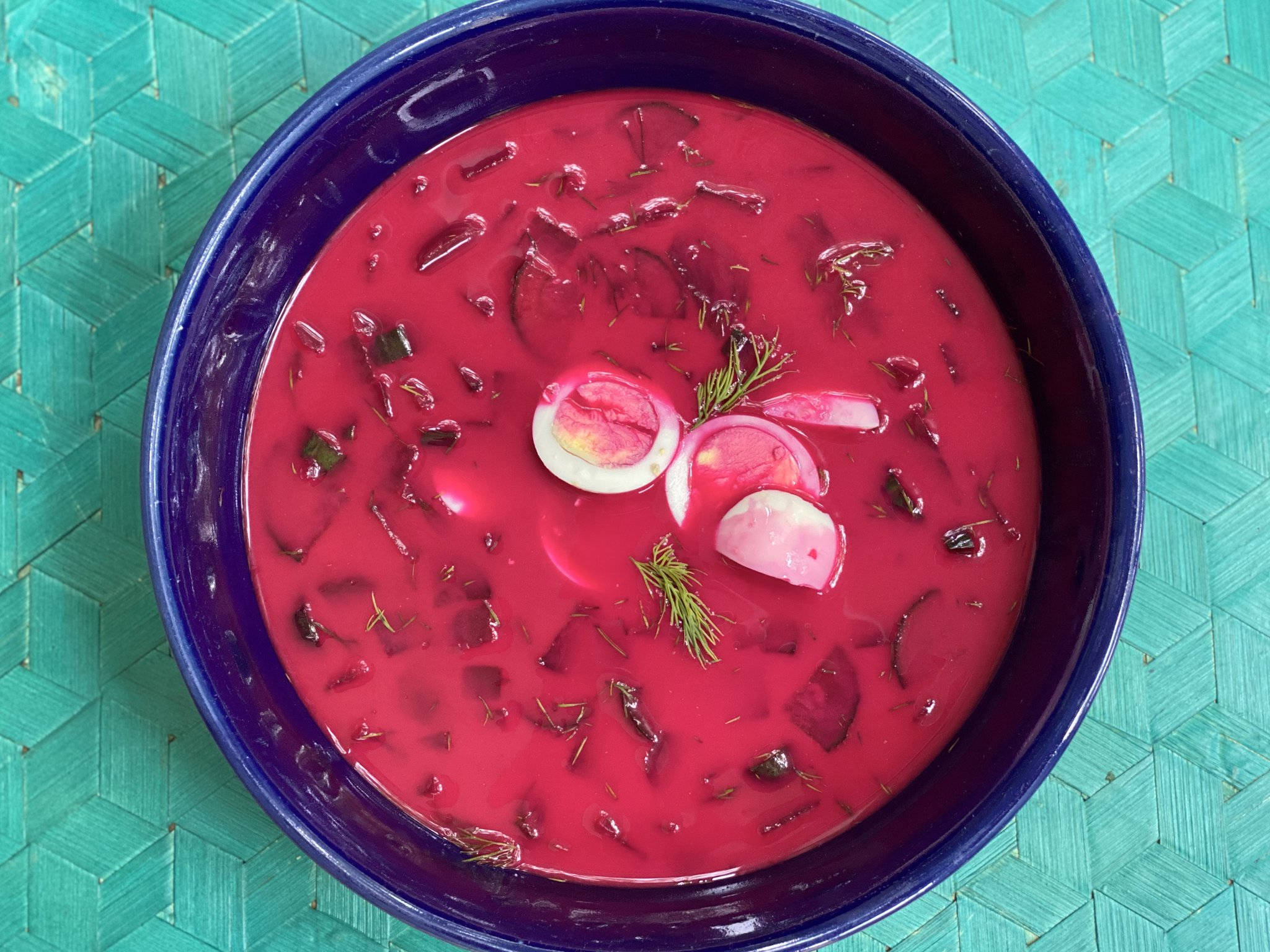pink borscht soup, beet soup, deep blue bowl, Full HD Desktop Wallpaper