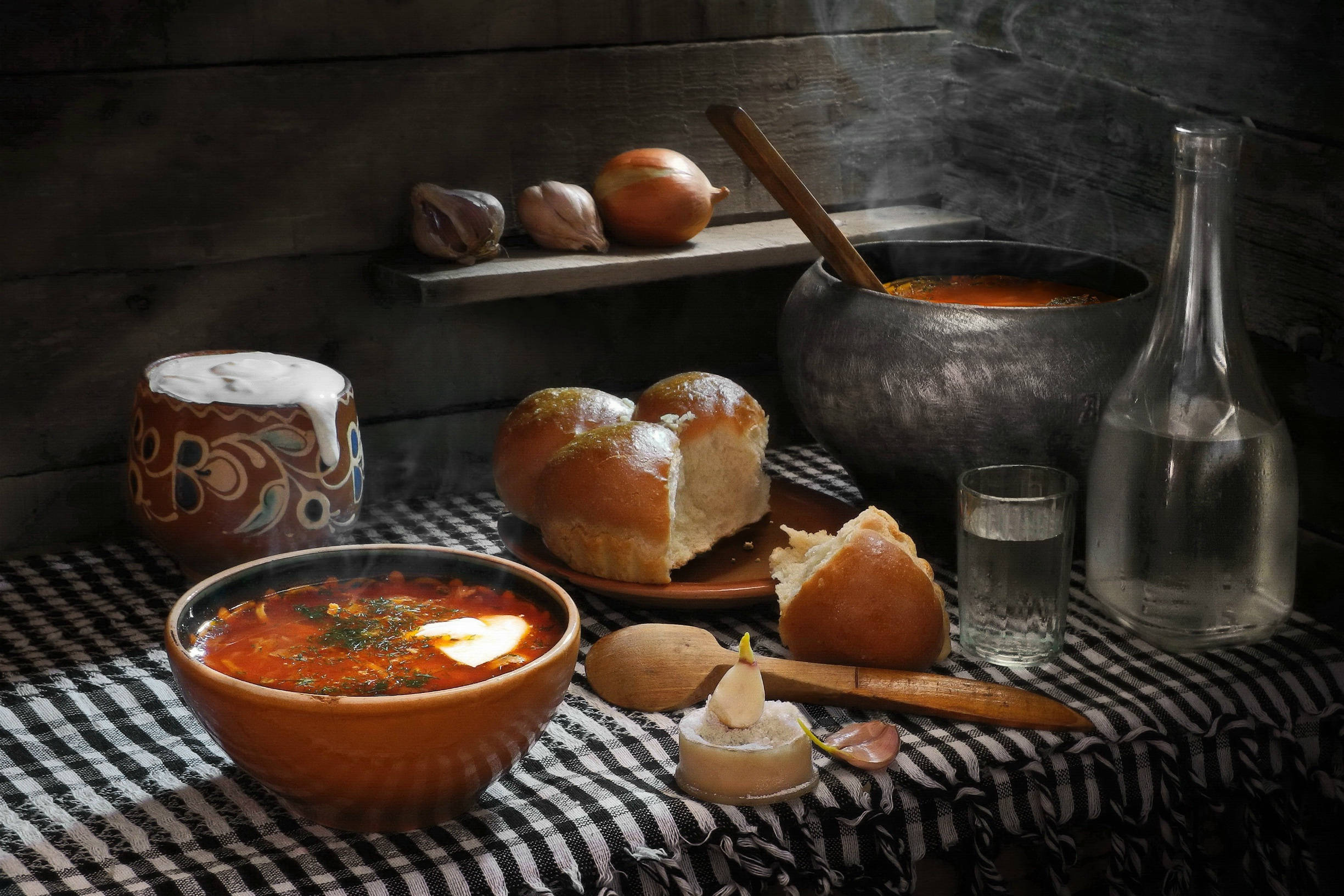 borscht, crusty bread, rustic kitchenware, Full HD Desktop Wallpaper