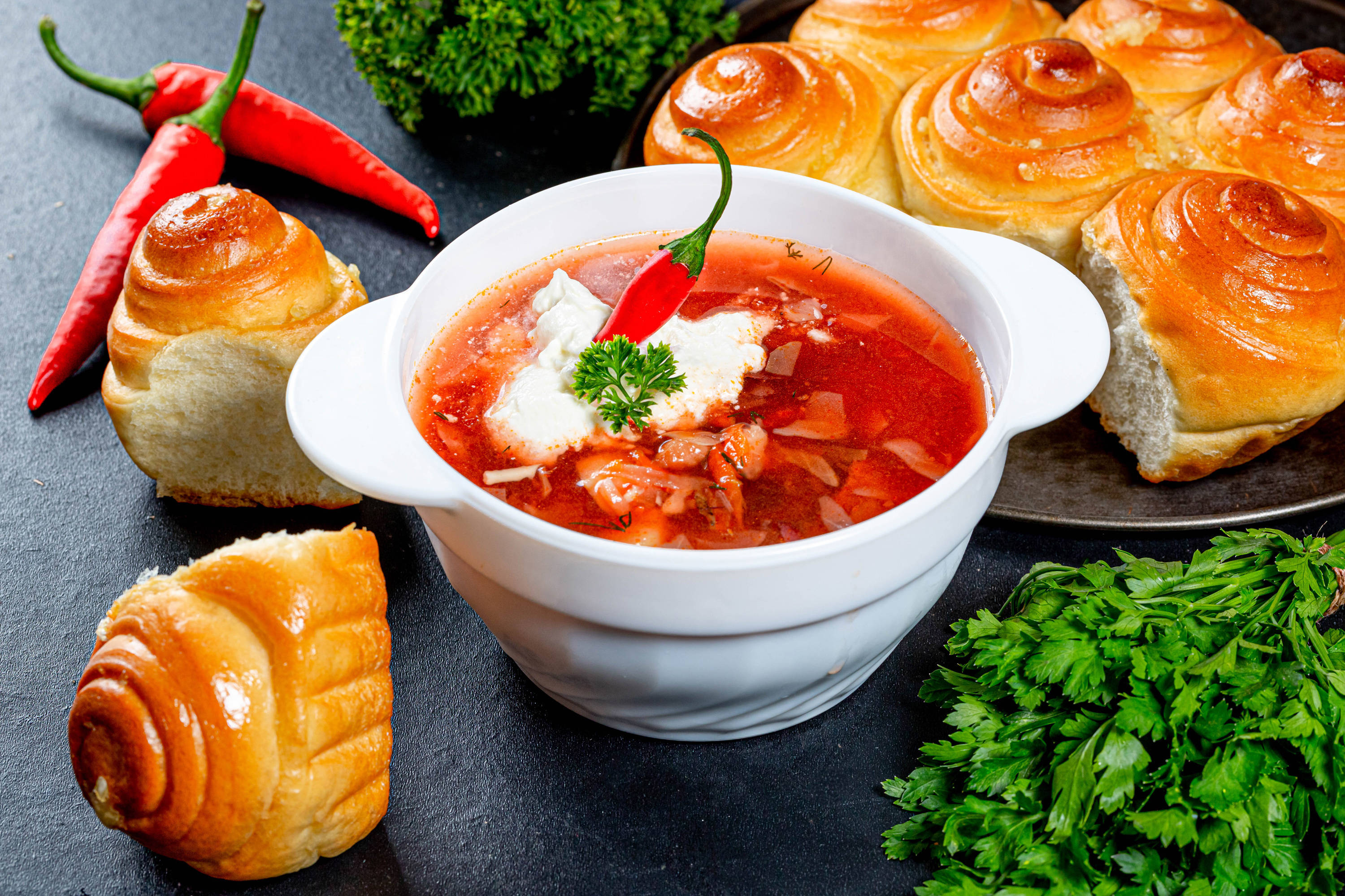 spicy borscht soup, vibrant red borscht, sour cream, 2K Desktop Wallpaper