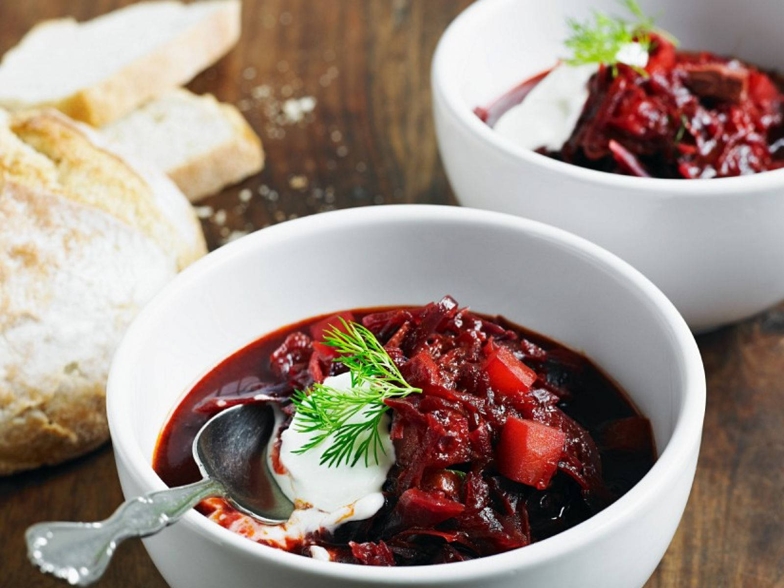 dark red borscht soup, white bowls, sour cream, HD Desktop Wallpaper