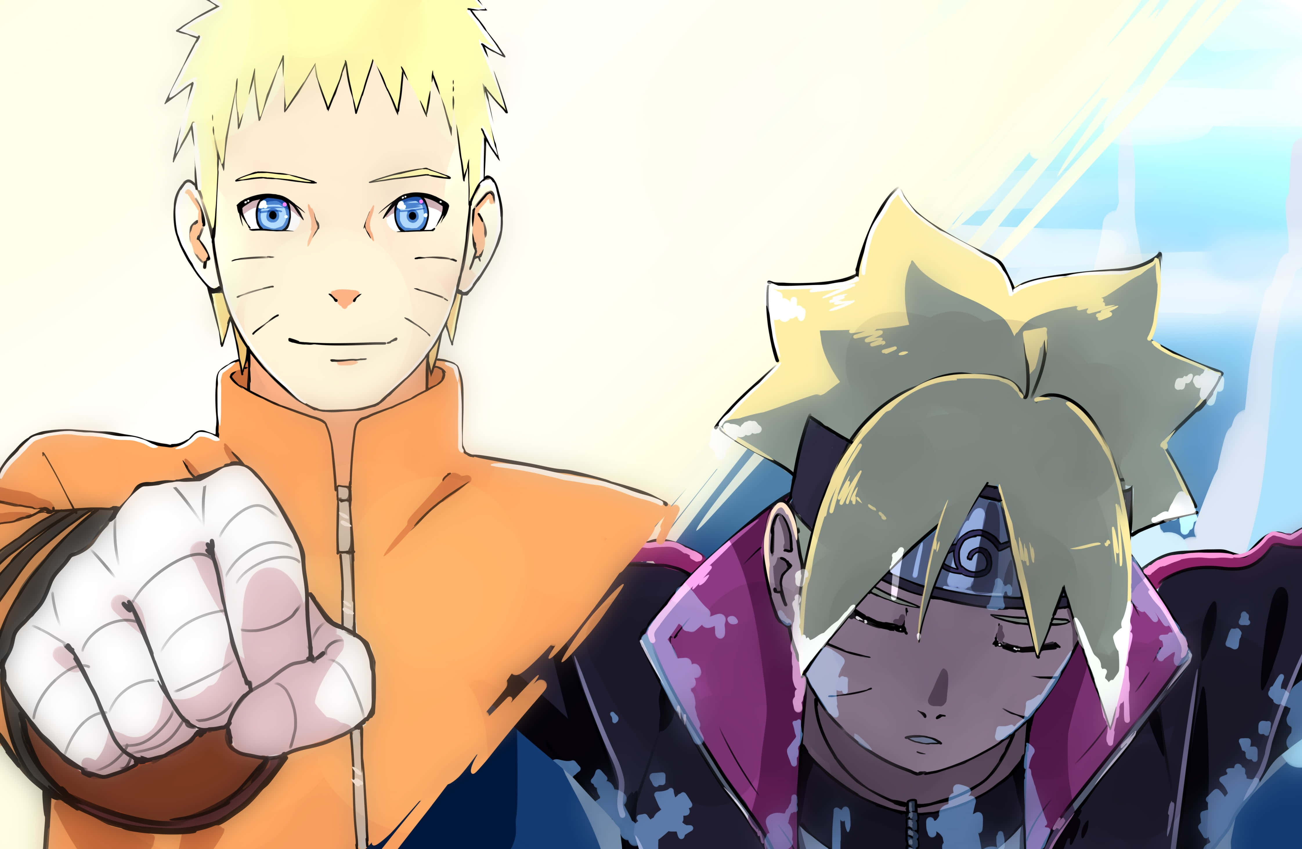Boruto and Naruto, spiky blonde hair, orange jacket, 4K Desktop Wallpaper