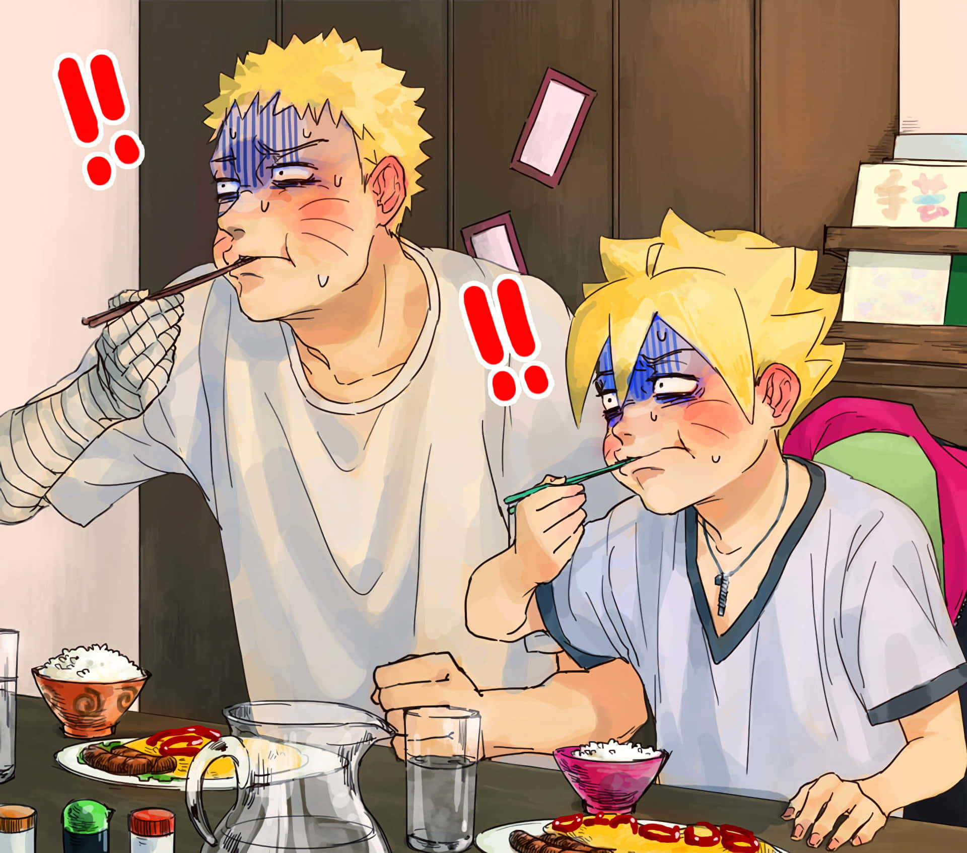 Boruto And Naruto, spiky blonde hair, dining table, Full HD Desktop Wallpaper