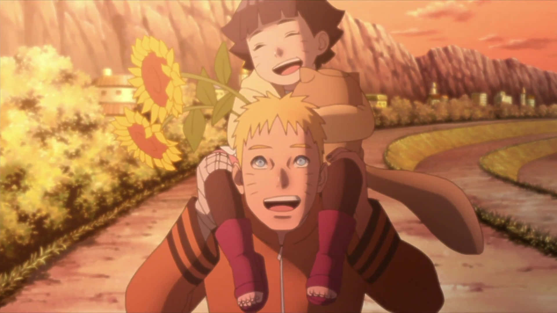 Boruto and Naruto, sunflower field, sunset, Full HD Desktop Wallpaper