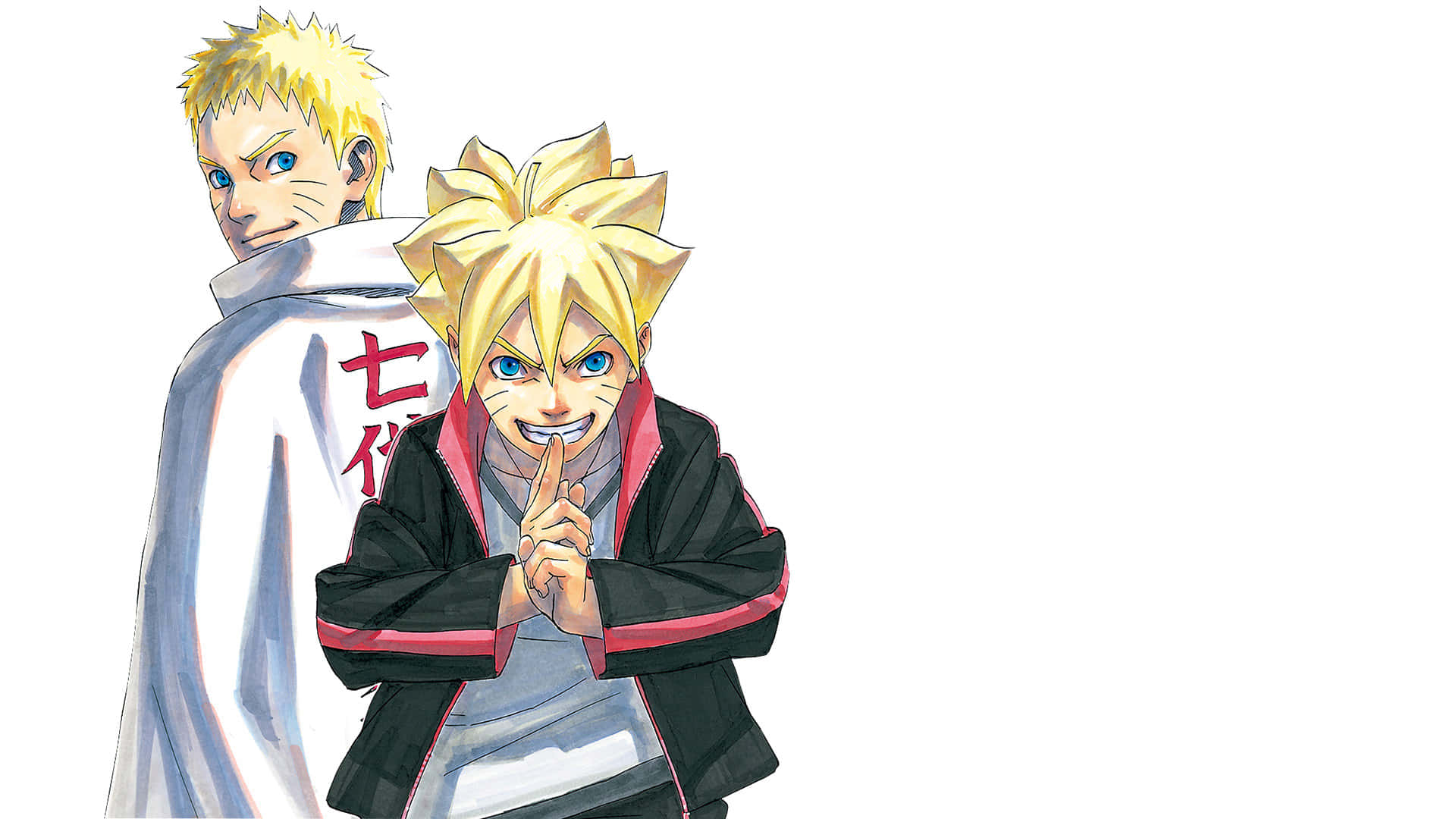 Boruto and Naruto, spiky blonde hair, white jacket with red kanji, Full HD Desktop Wallpaper