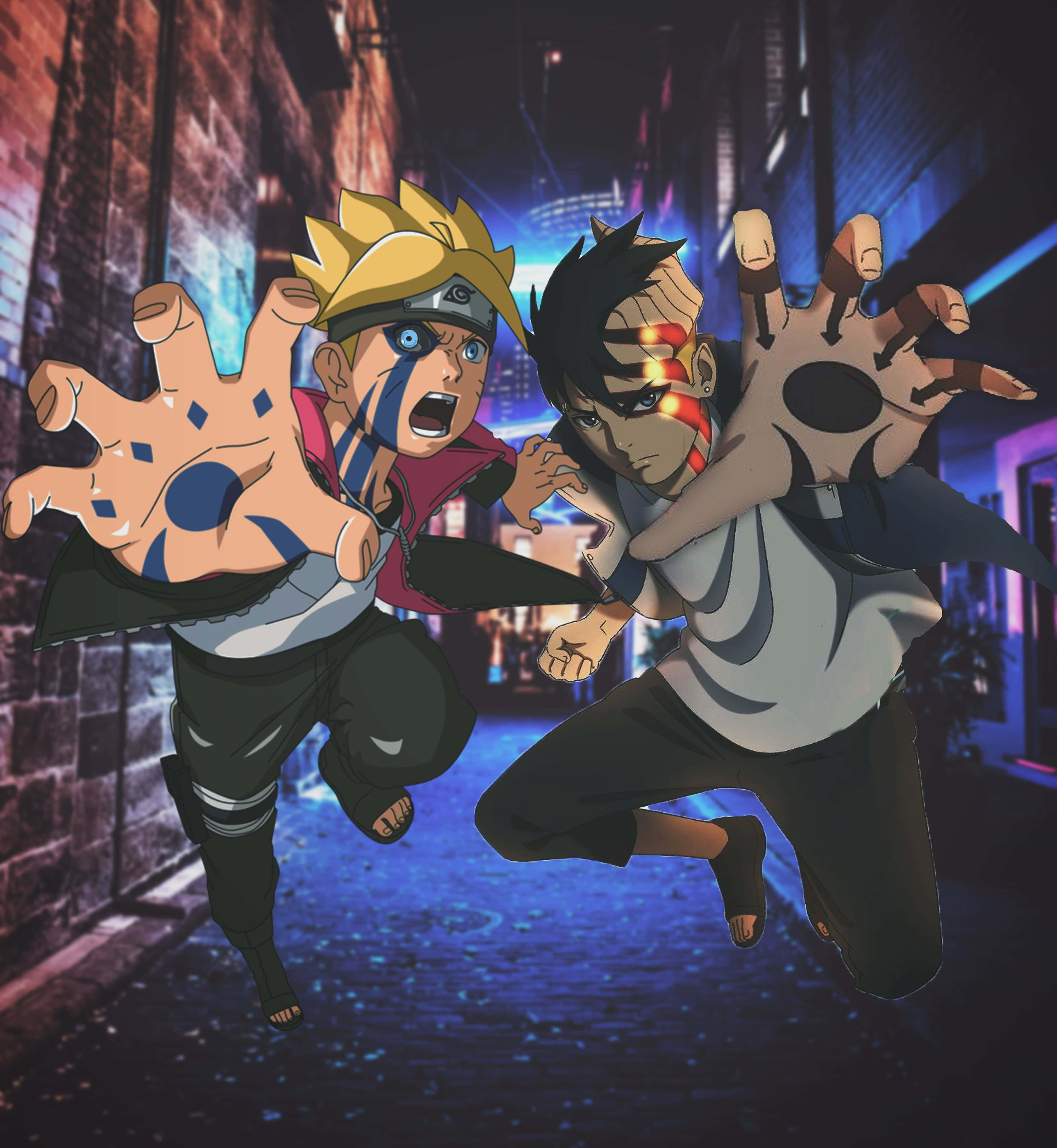 Boruto Vs Kawaki, neon-lit alleyway, glowing chakra symbols, 4K Phone Wallpaper