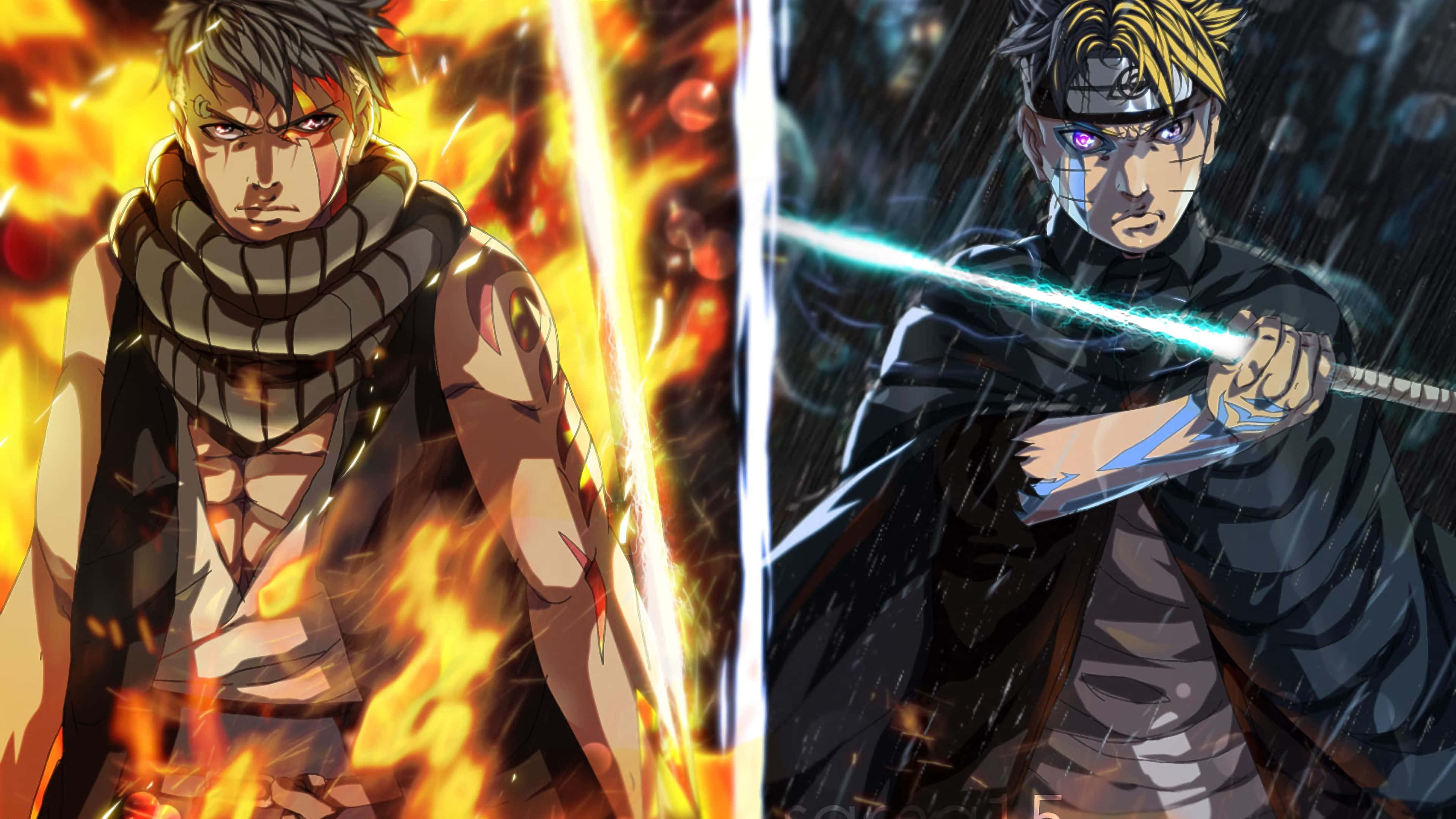 Boruto, Kawaki, fiery battle scenes, 4K Desktop Wallpaper