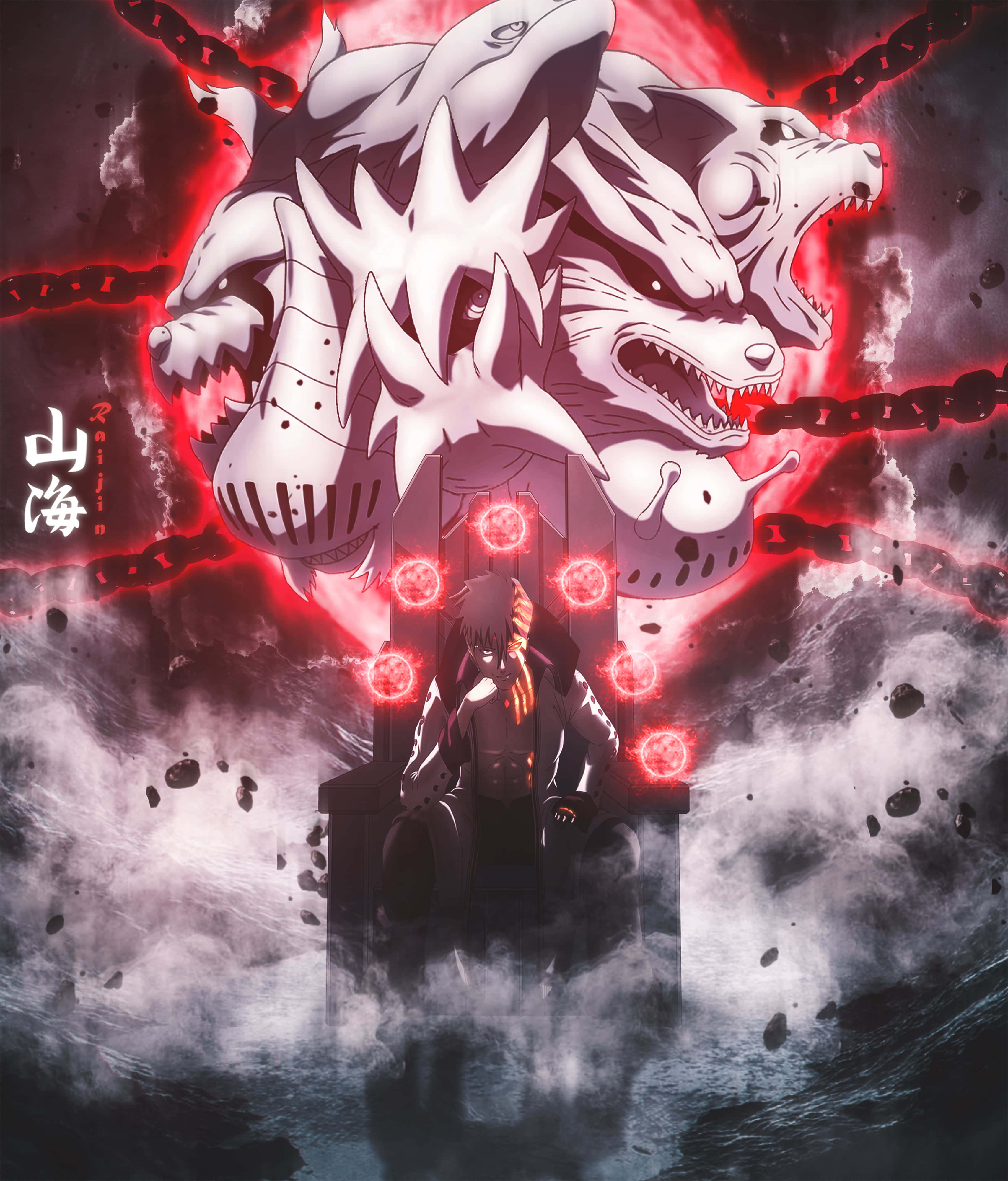 Boruto Vs Kawaki, throned anime warrior, massive white multi-headed beast, 4K Phone Wallpaper