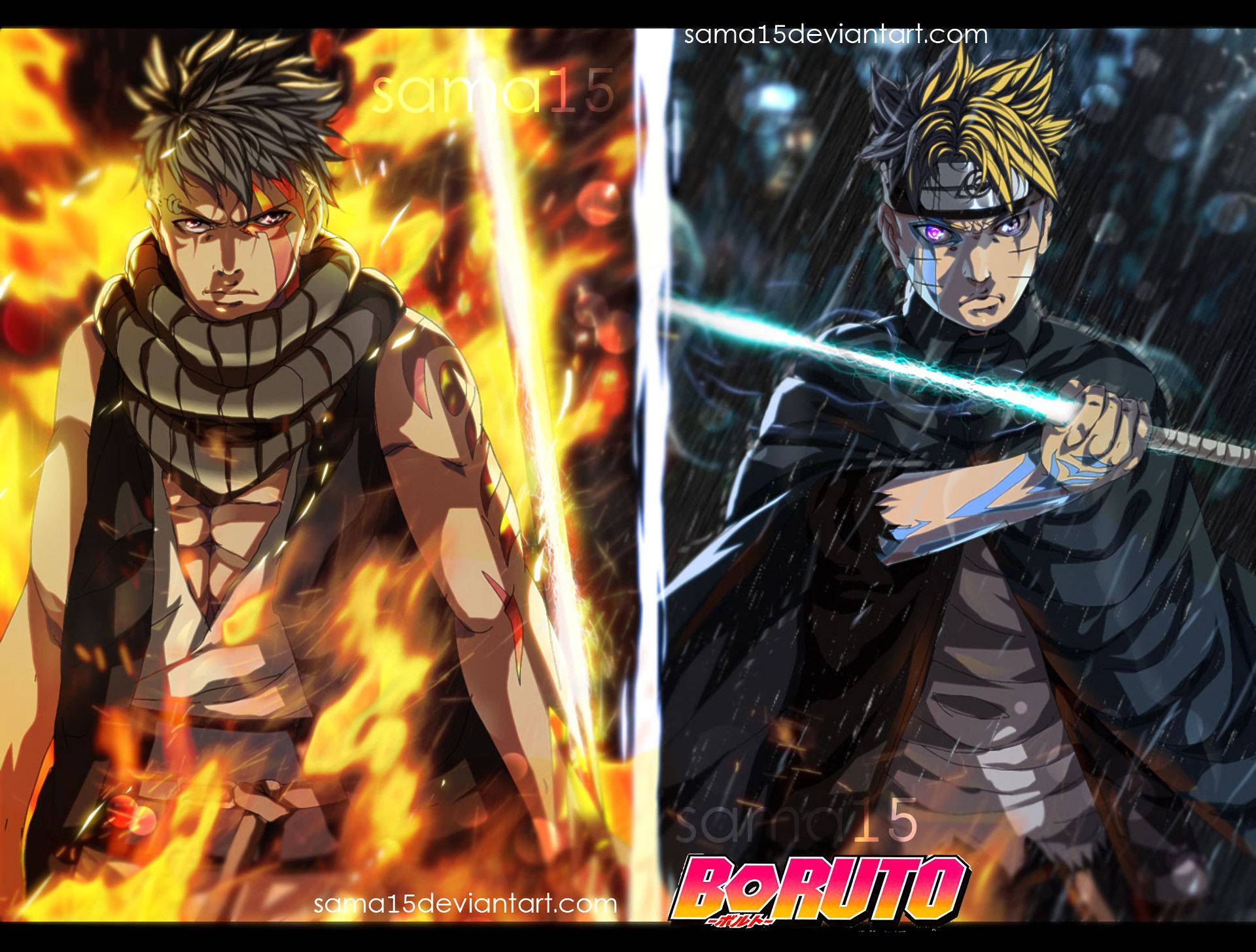 Boruto, Kawaki, fiery orange flames, Full HD Desktop Wallpaper
