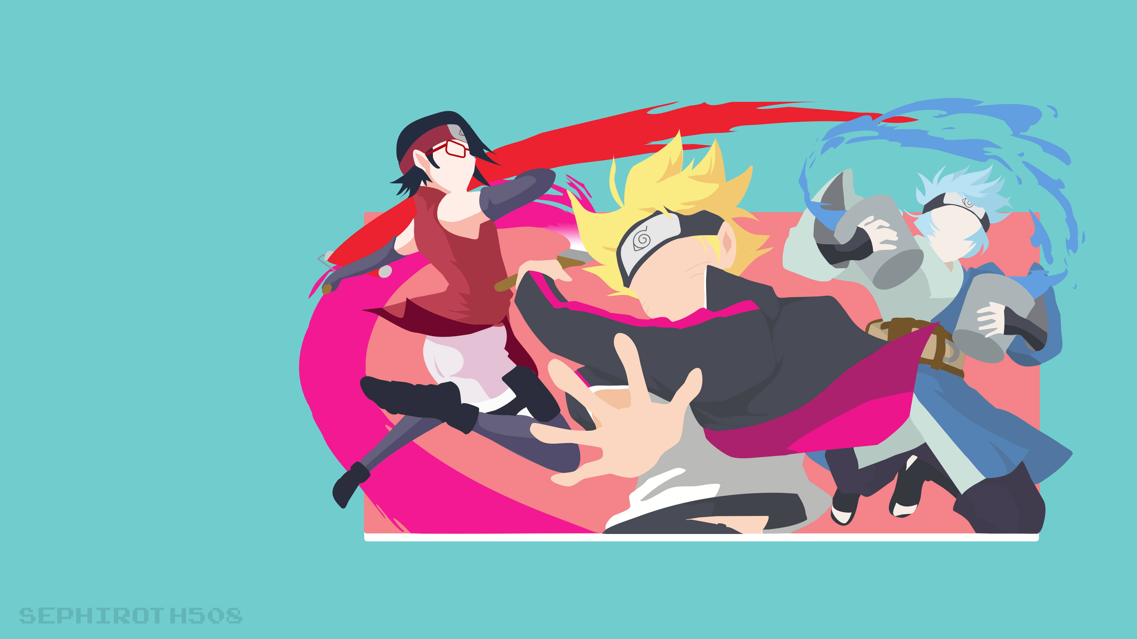 Boruto, friends, teal background, 4K Desktop Wallpaper