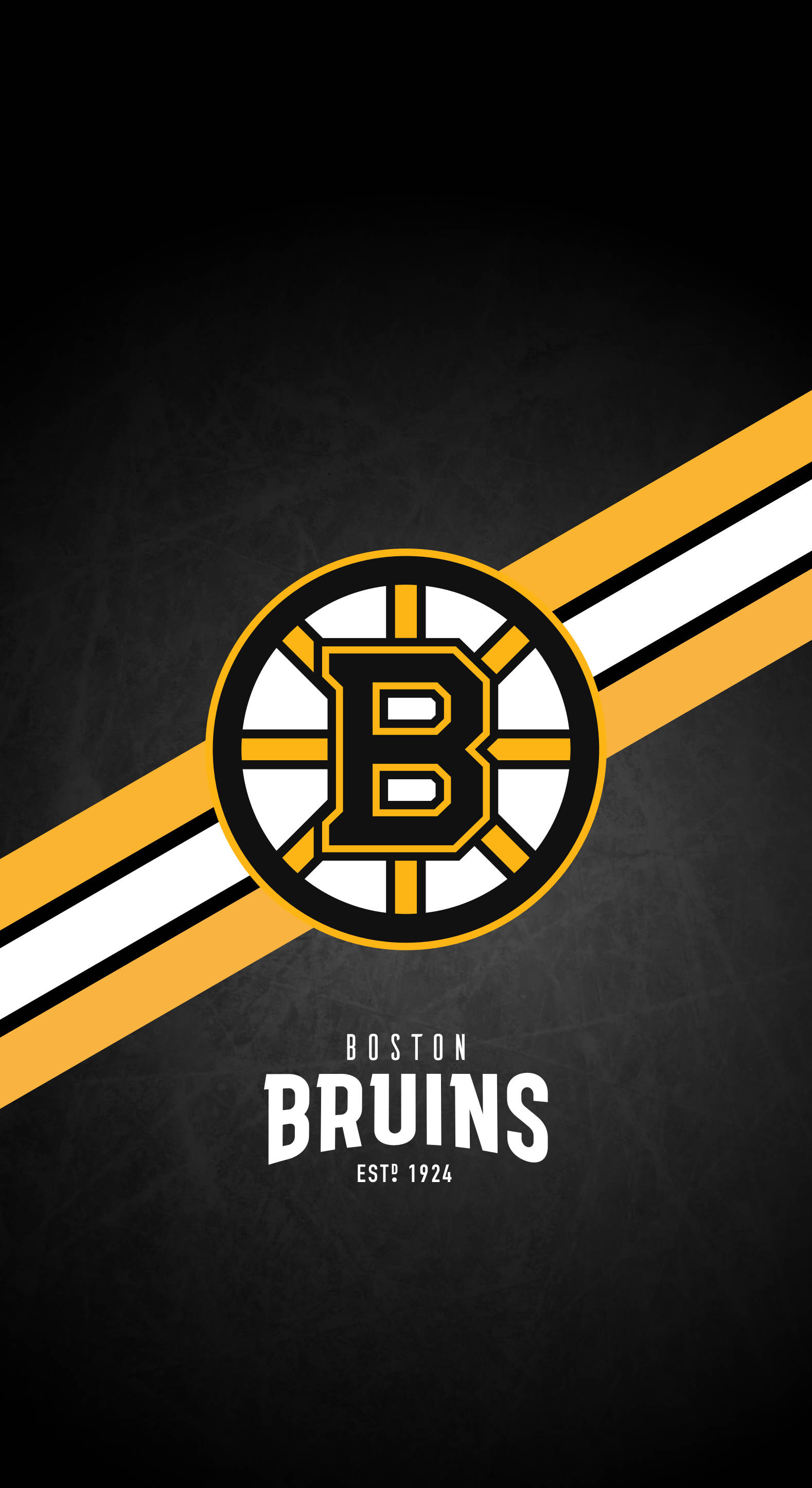 Boston Bruins Logo, black textured background, diagonal yellow and white stripes, 2K Phone Wallpaper