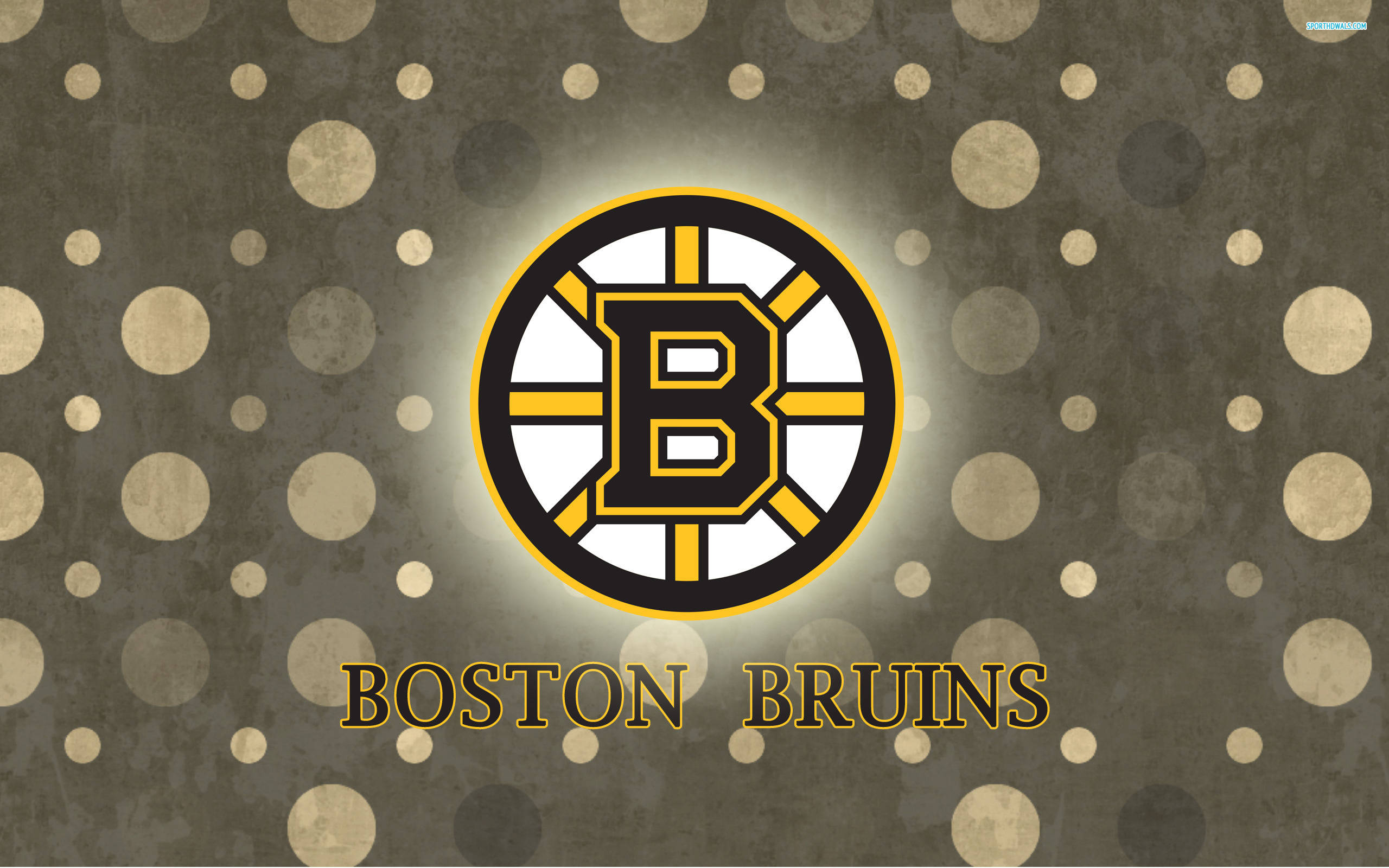 Boston Bruins Logo, textured gray background, beige polka dots, 2K Desktop Wallpaper