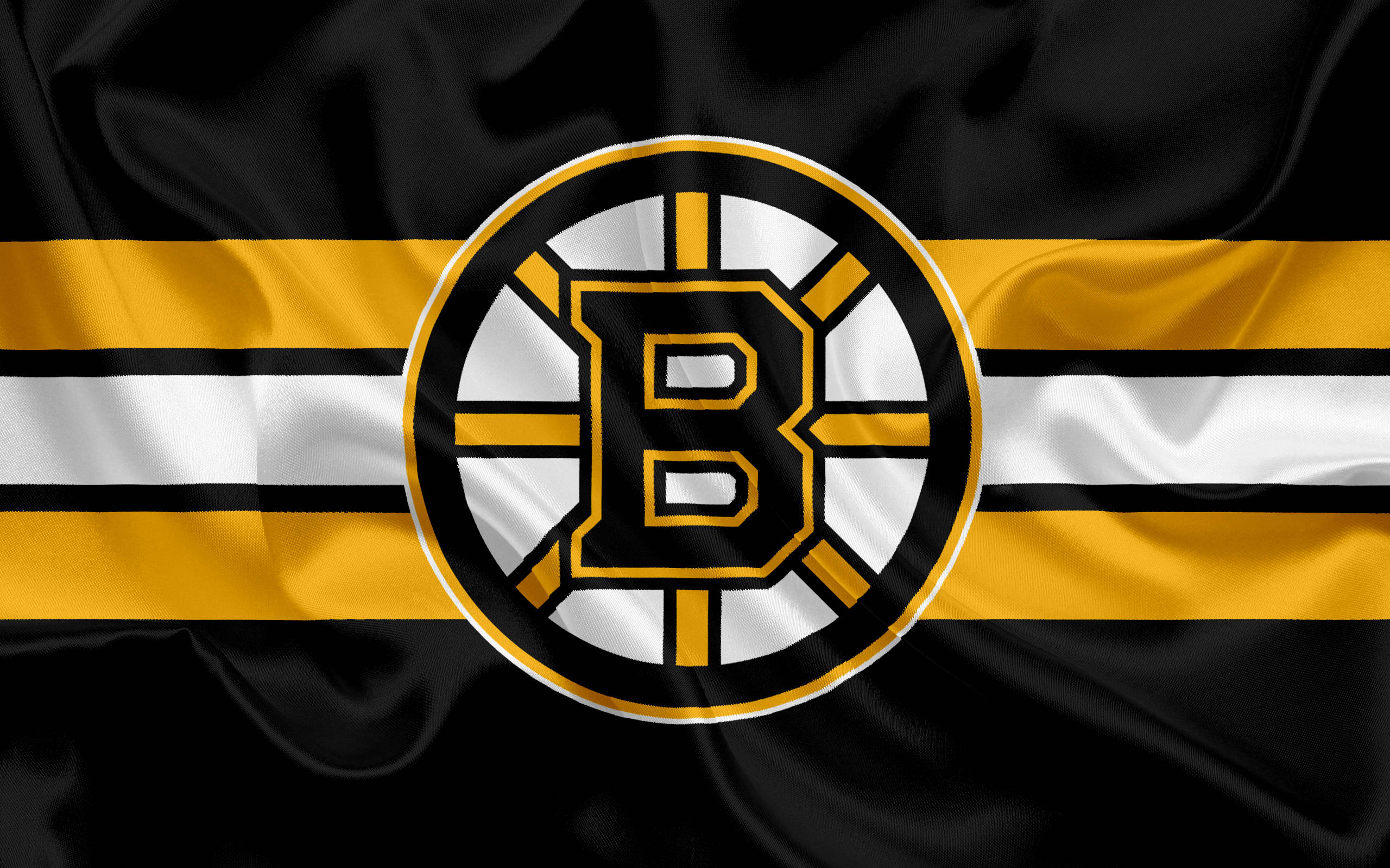 Boston Bruins, black satin flag, bold yellow white and black stripes, 2K Desktop Wallpaper