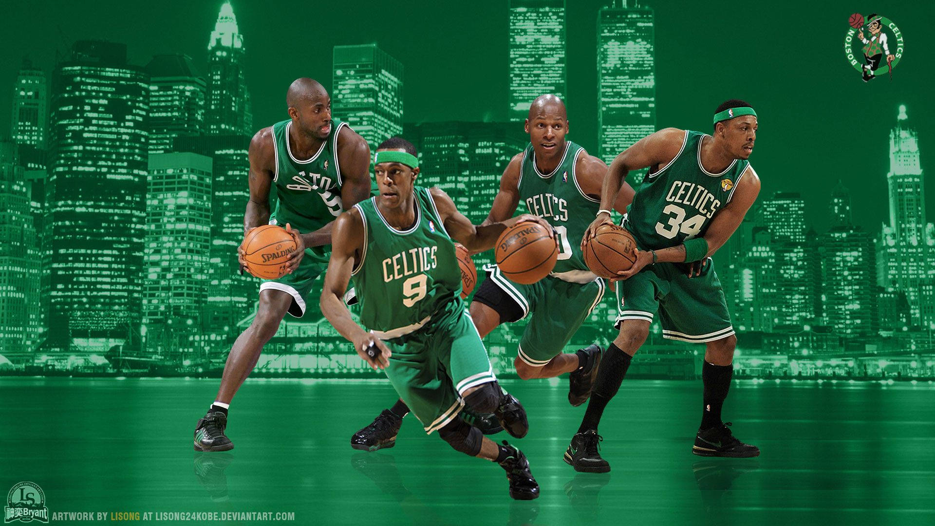 Boston Celtics, green uniforms, glowing green city skyline, Full HD Desktop Wallpaper