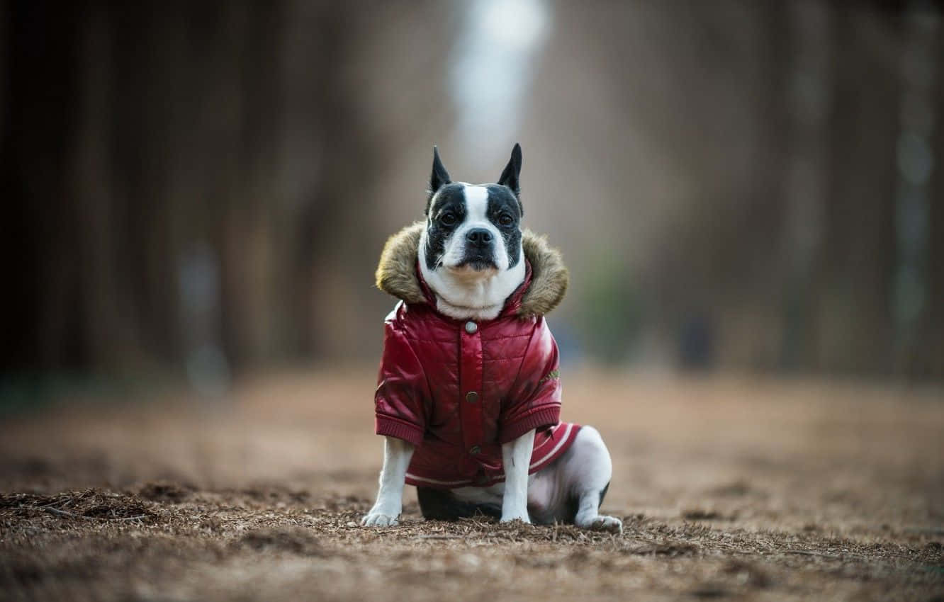 Boston terrier, red quilted jacket, fur-lined hood, HD Desktop Wallpaper