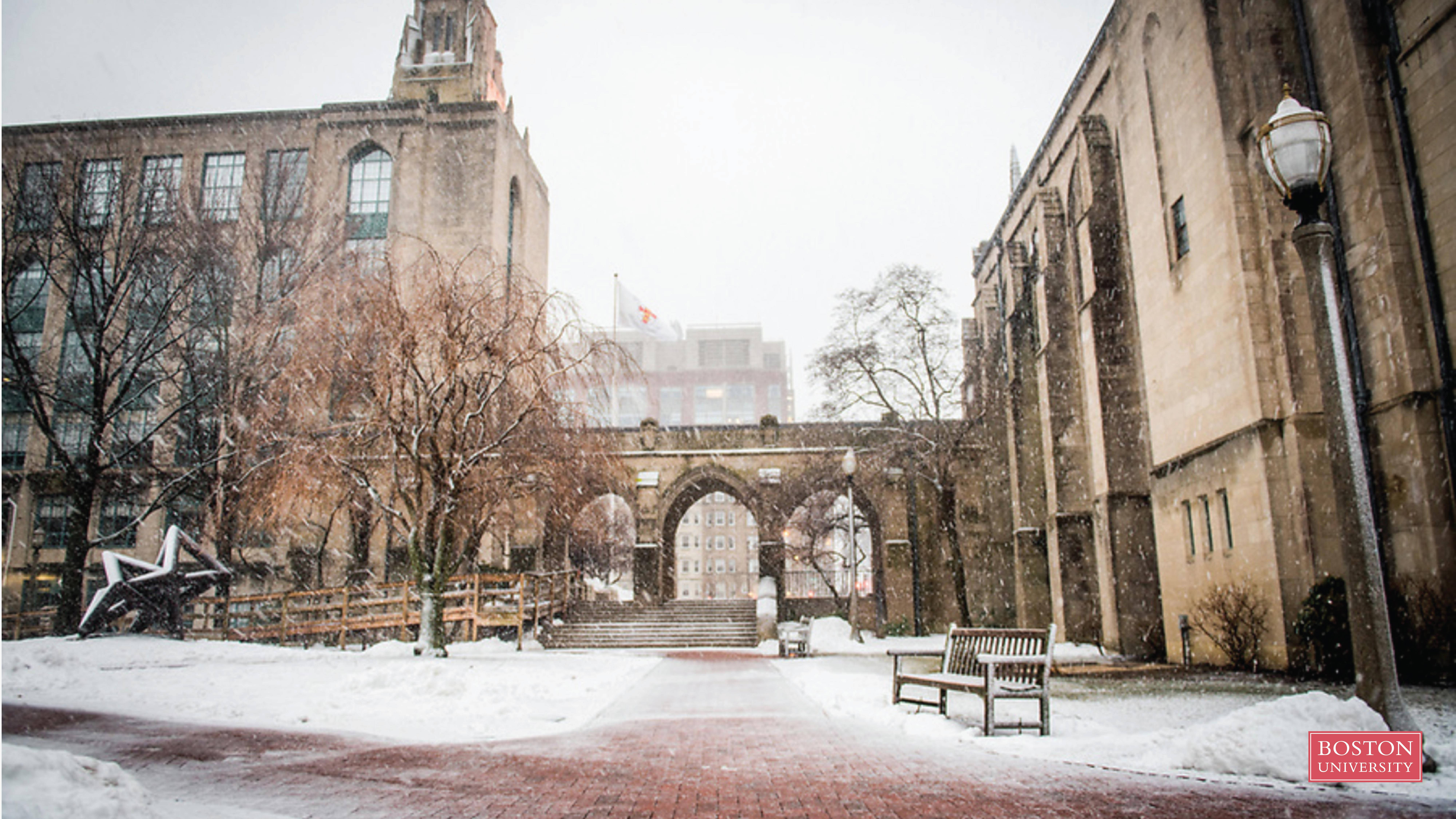 Boston University, snowy, historic stone buildings, 8K Desktop Wallpaper