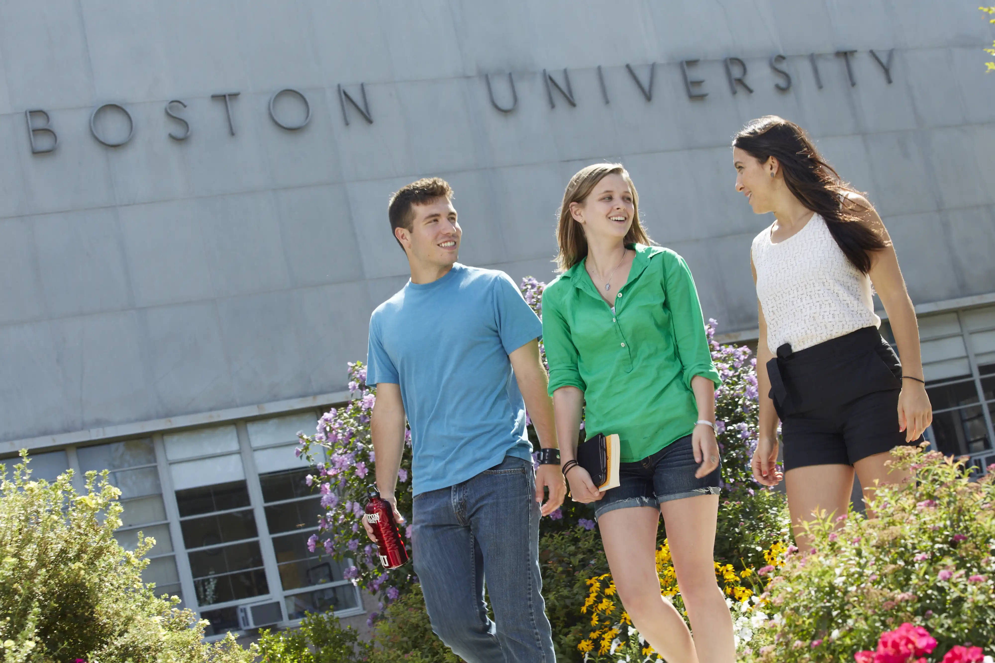 Boston University, modern stone facade, vibrant flowers, 4K Desktop Wallpaper