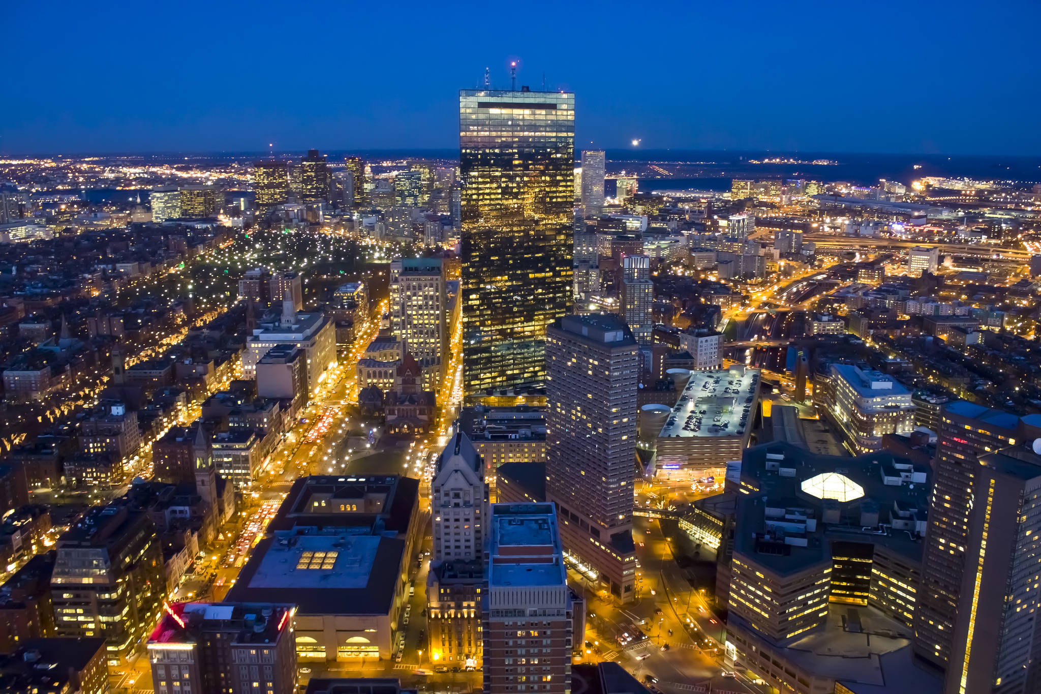 Boston, dusk, illuminated skyscrapers, Full HD Desktop Wallpaper