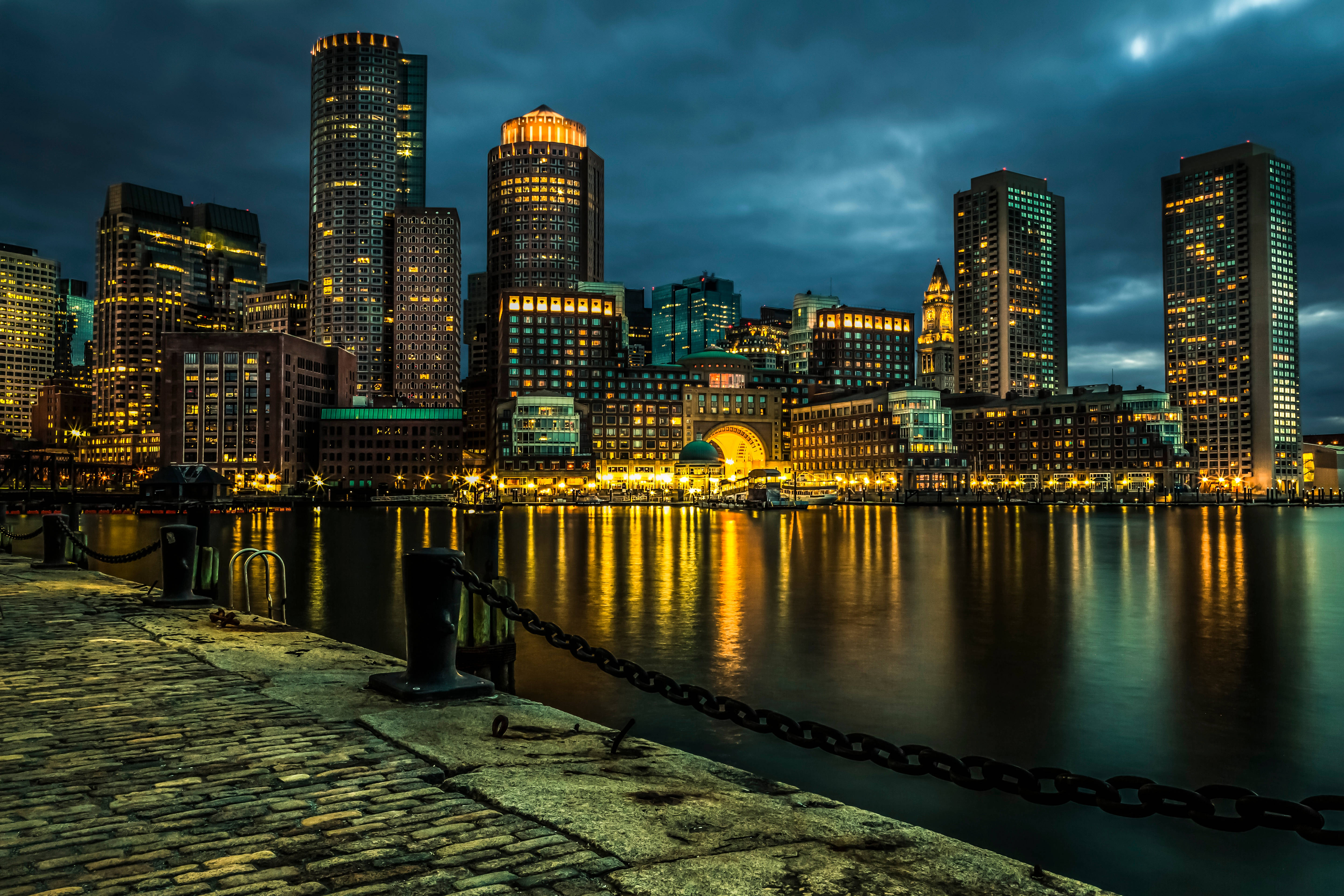 Boston, dusk, golden lights, 5K Desktop Wallpaper