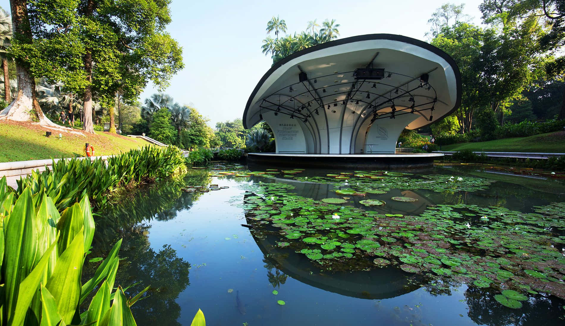 Botanical Garden, curved white pavilion, tranquil pond, HD Desktop Wallpaper