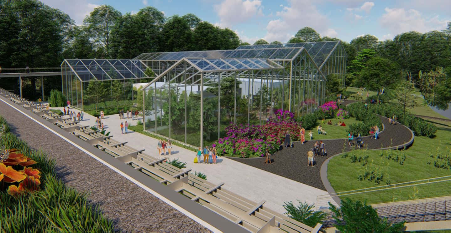 Botanical Garden, modern glass greenhouse, solar panels, HD Desktop Wallpaper