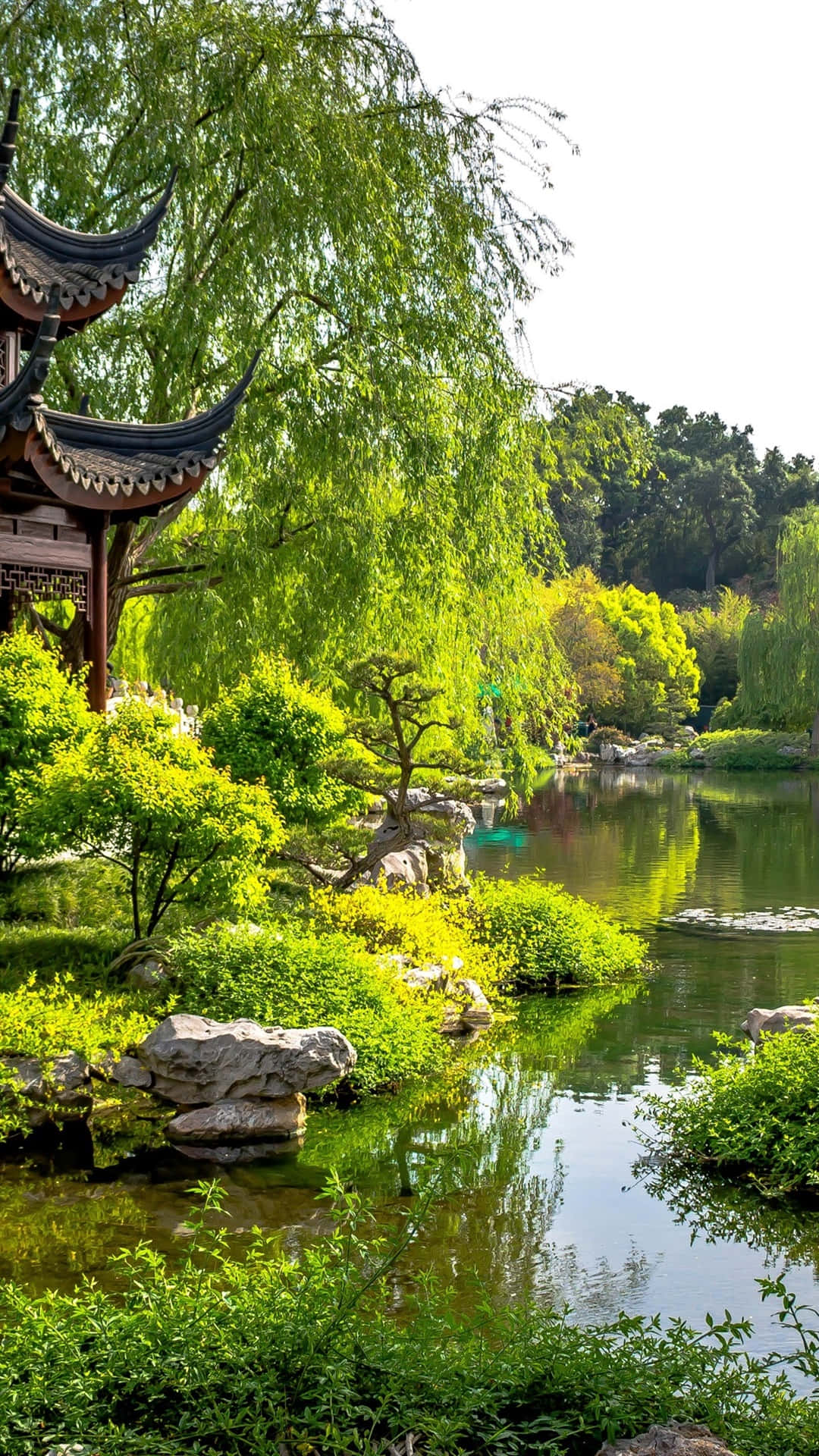 traditional Chinese pavilion, curved eaves, tranquil pond, Full HD Phone Wallpaper