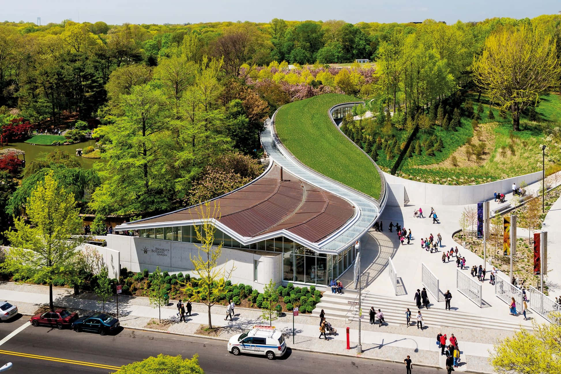 Botanical Garden, glass and concrete building, lush green park, Full HD Desktop Wallpaper