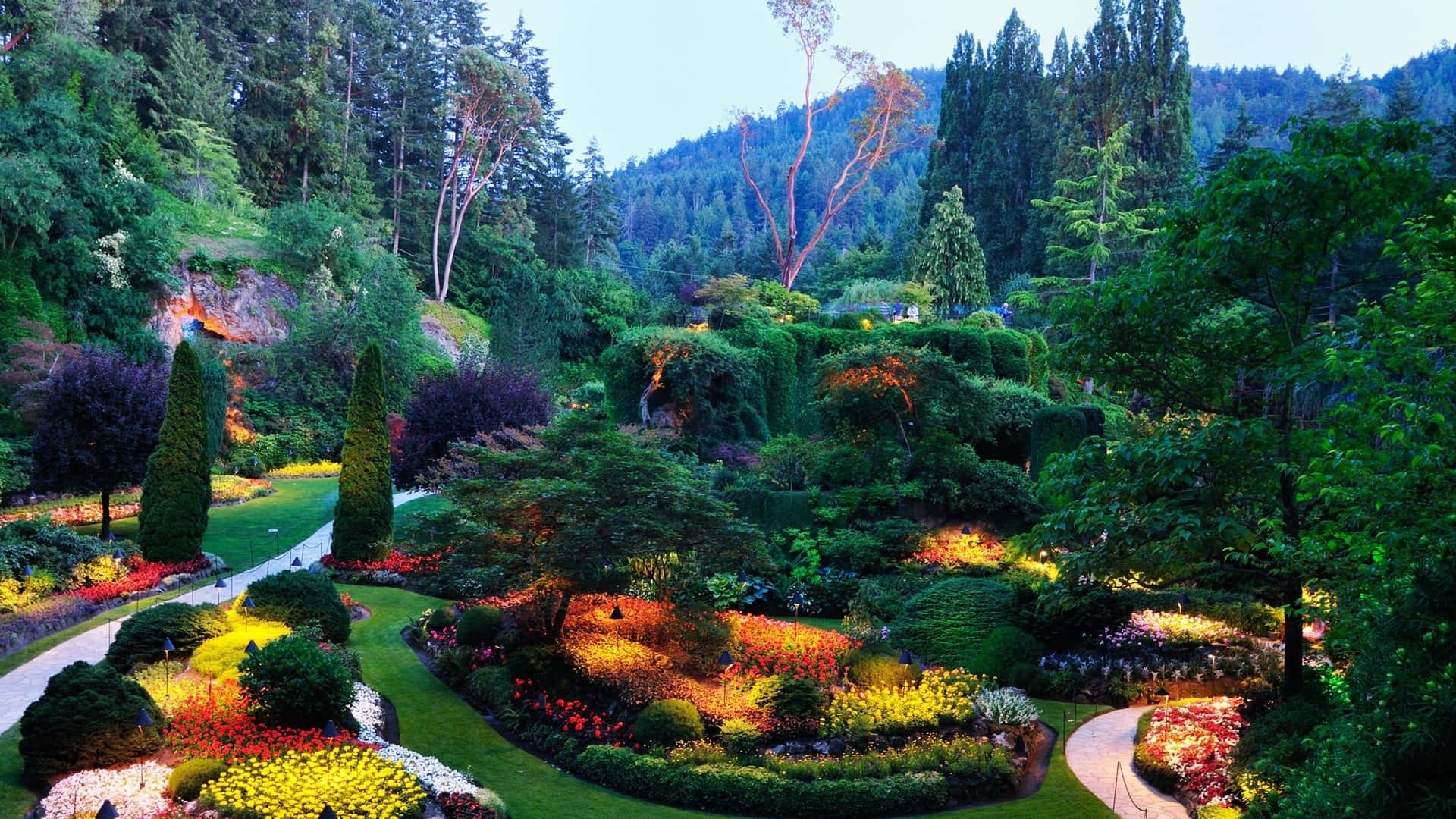 Botanical Garden, dusk, colorful flowerbeds, Full HD Desktop Wallpaper