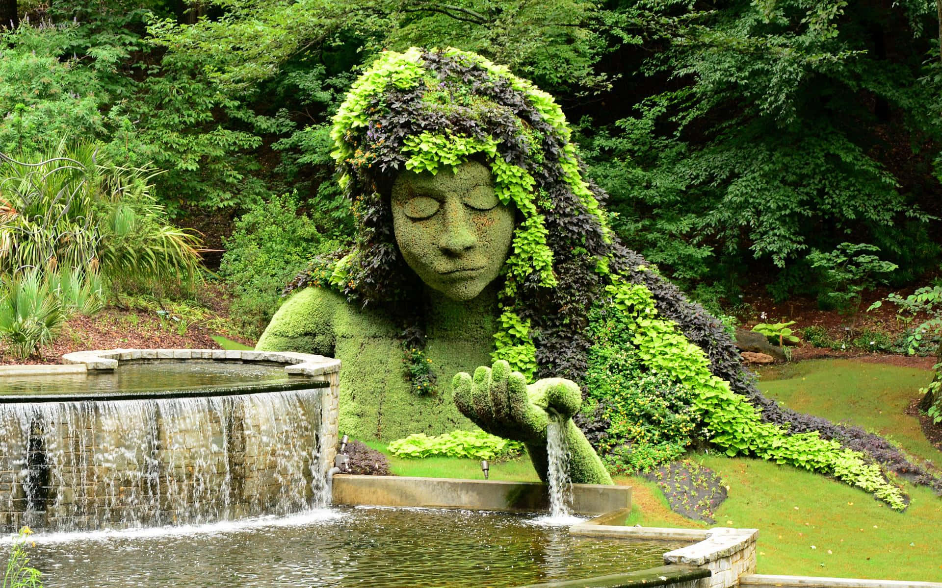 Botanical Garden, woman made of green foliage, stone fountain, Full HD Desktop Wallpaper