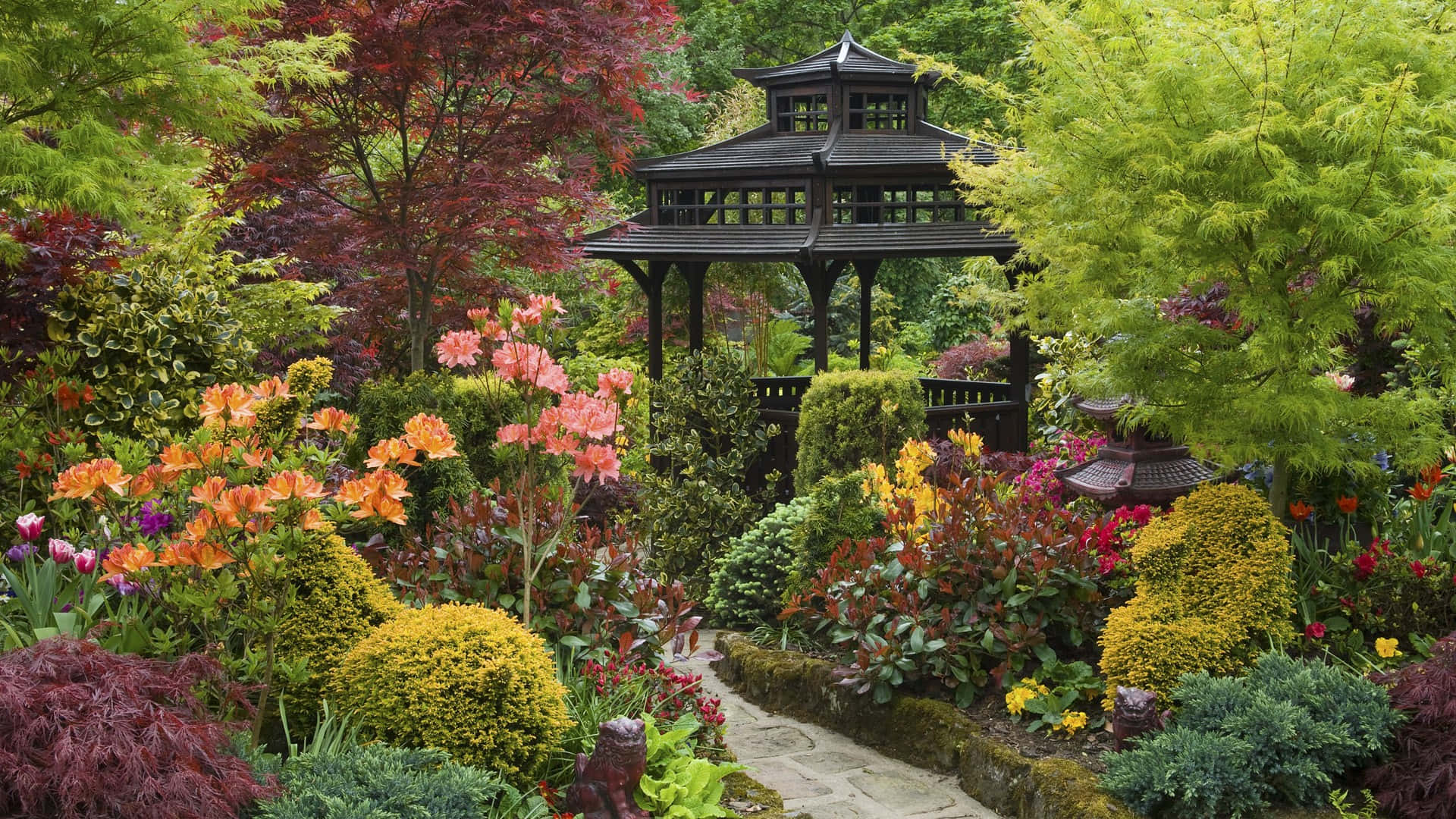 Botanical Garden, dark wooden gazebo, bright daylight, Full HD Desktop Wallpaper
