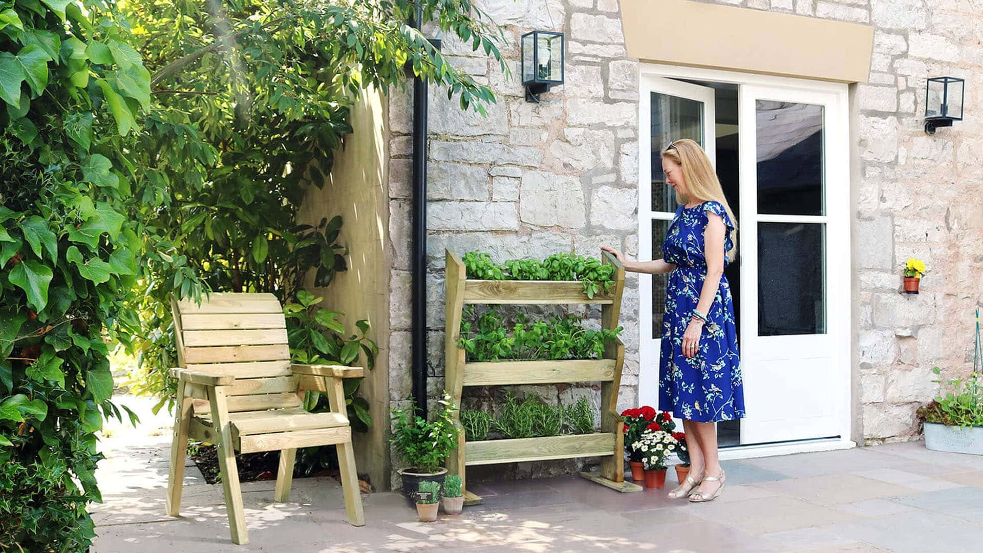herb garden, blue floral dress, wooden herb planter, Full HD Desktop Wallpaper