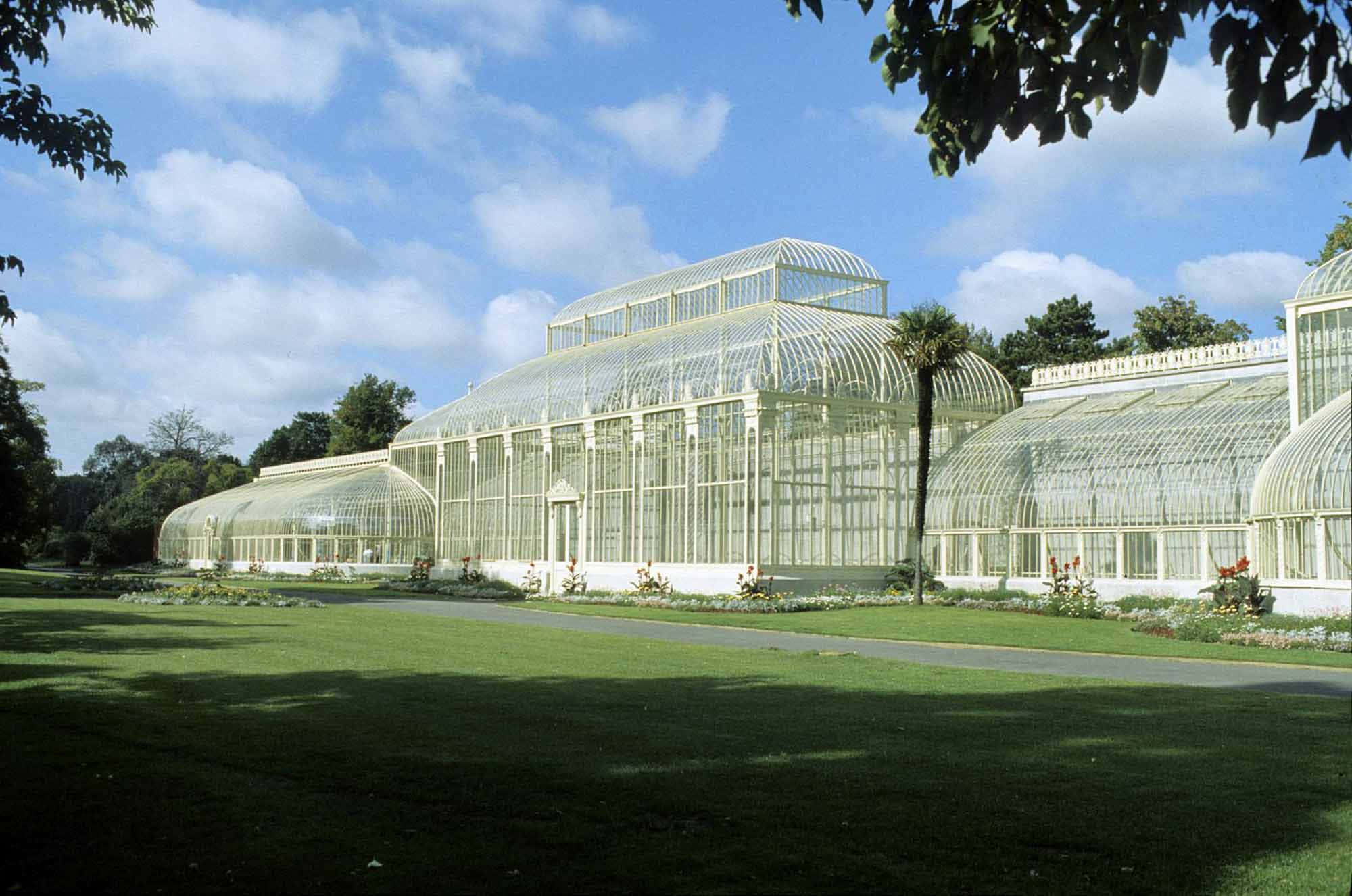 Botanical Garden, glass greenhouse, white iron framing, Full HD Desktop Wallpaper