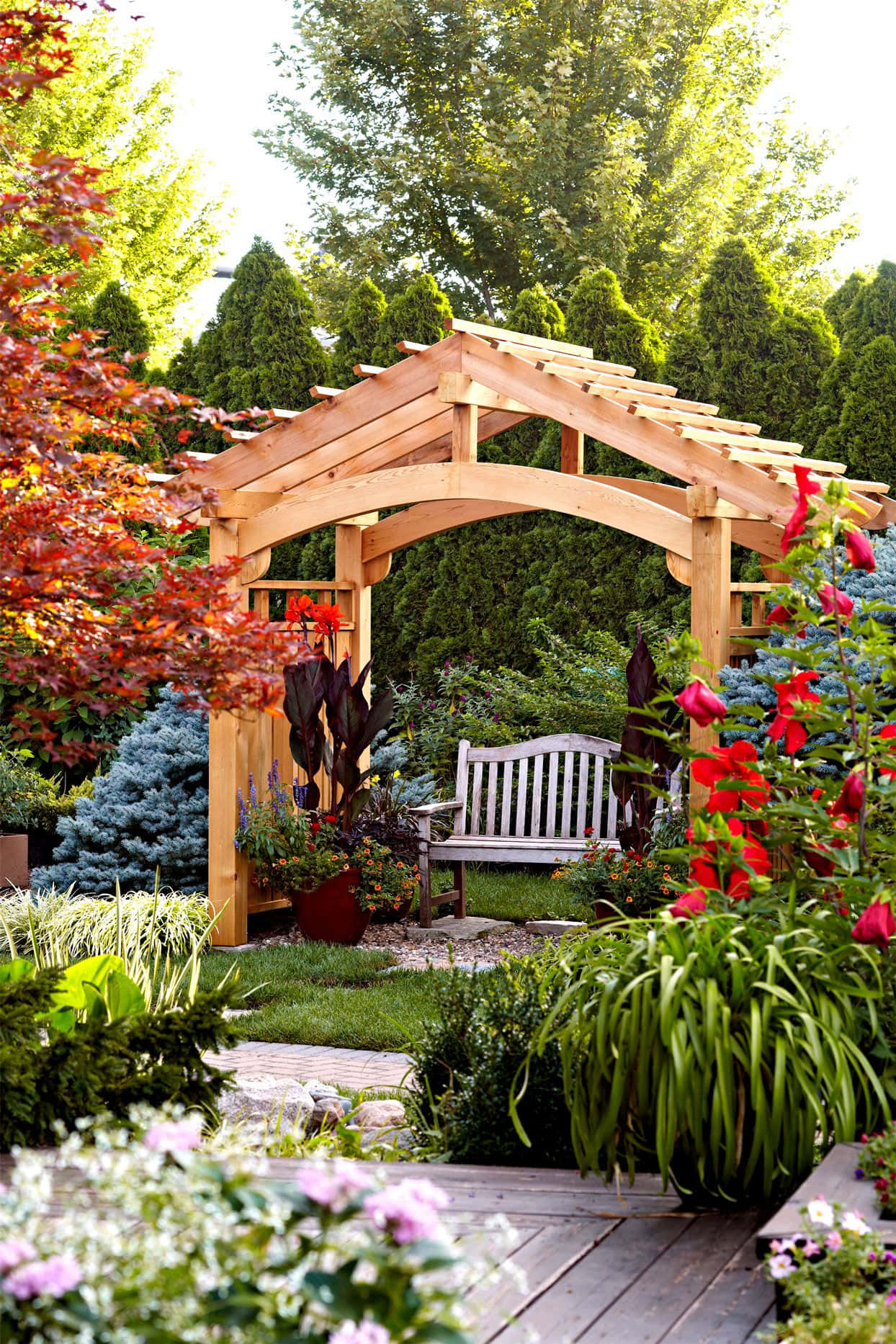 wooden arbor, white bench, vibrant garden, HD Phone Wallpaper